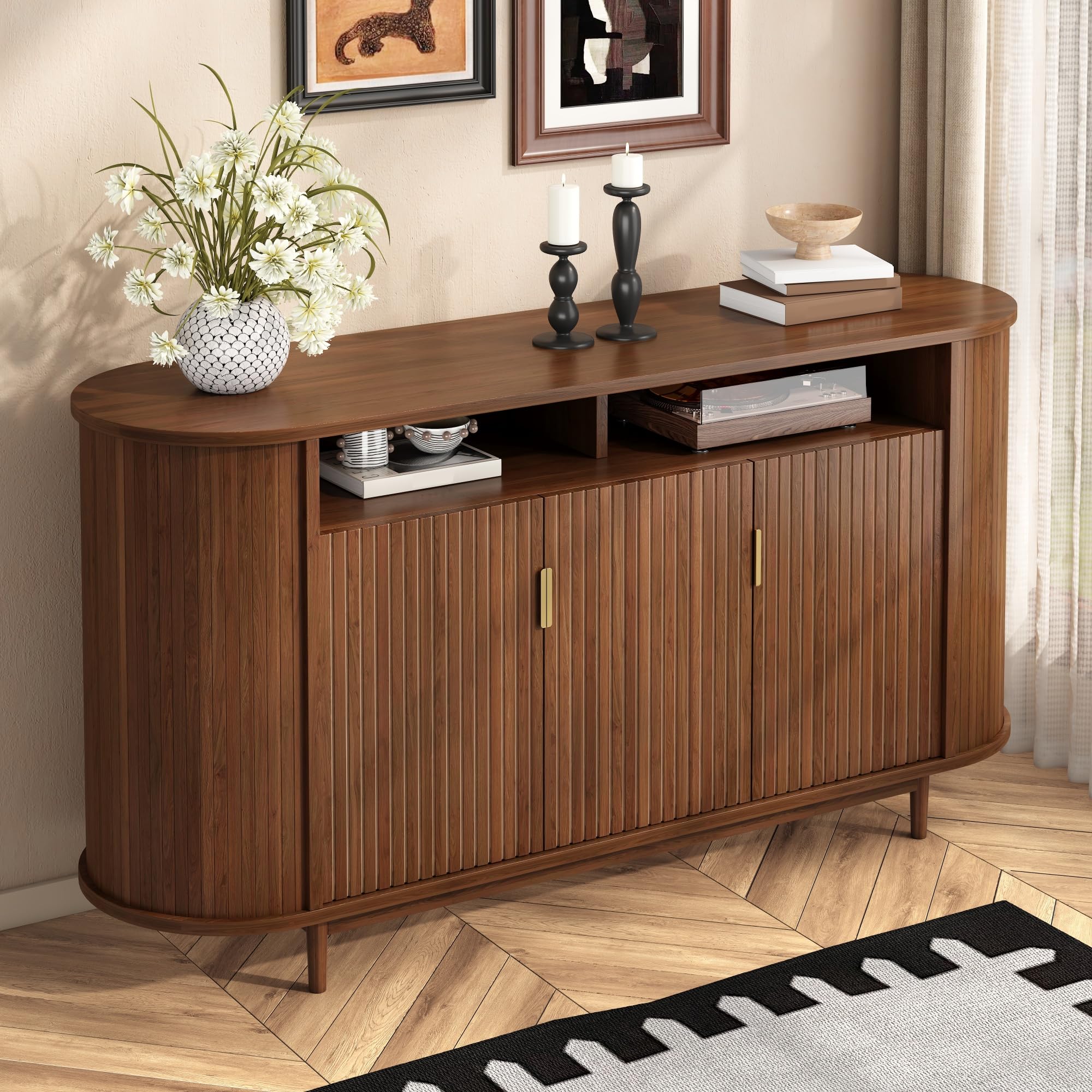 Buffet, Meuble de Rangement en MDF avec 3 Portes et et Pieds en pin, 140 x 40 x 78 cm Buffet Cuisine avec Panneaux de Particules, pour Salon, Salle a Mangeret et Entrée, Aspect Bois, Noyer