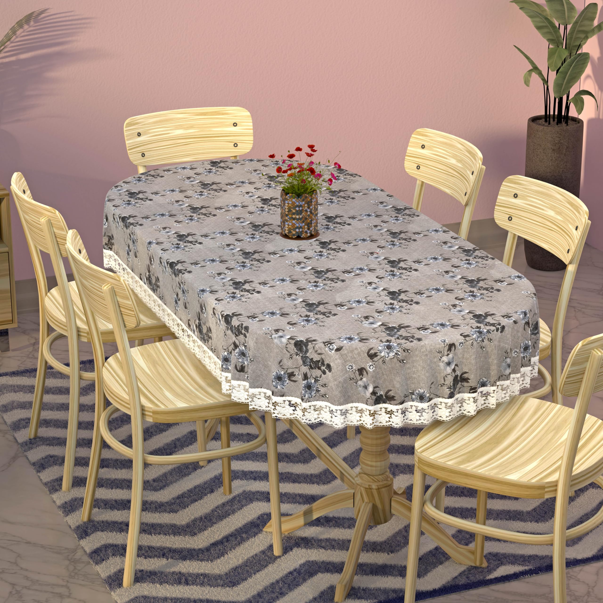 Kuber Industries Grey Flower Printed Pvc 6 Seater Oval Shape Table Cover, Protector With White Lace Border, 60"X90" (Grey)