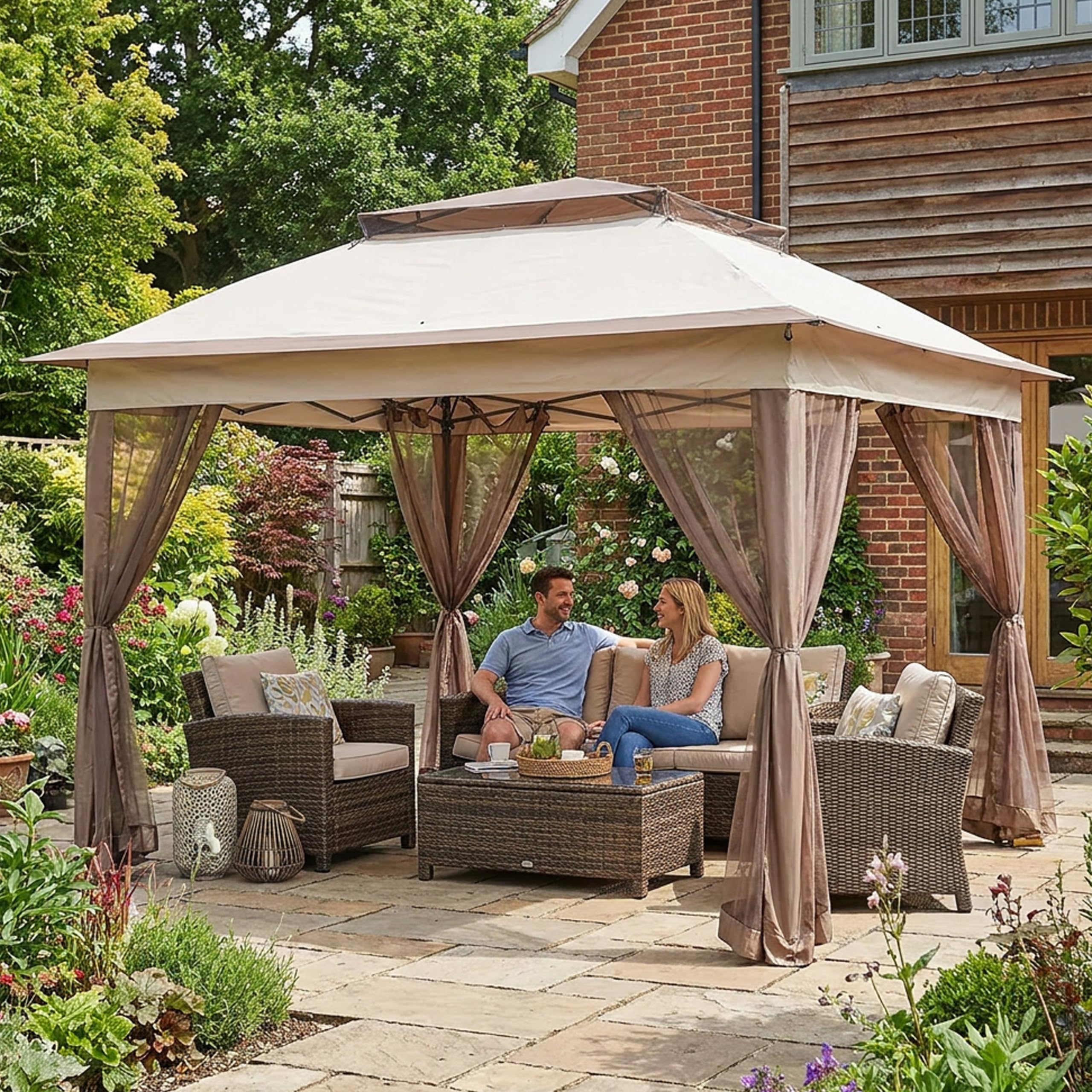 Garden Universe Pop Up Gazebo Kaki 3.25 x 3.25m Garden Canopy Tent with Zipped Mesh Sidewalls, Height Adjustable and Carrying Bag GAZ15-Kaki