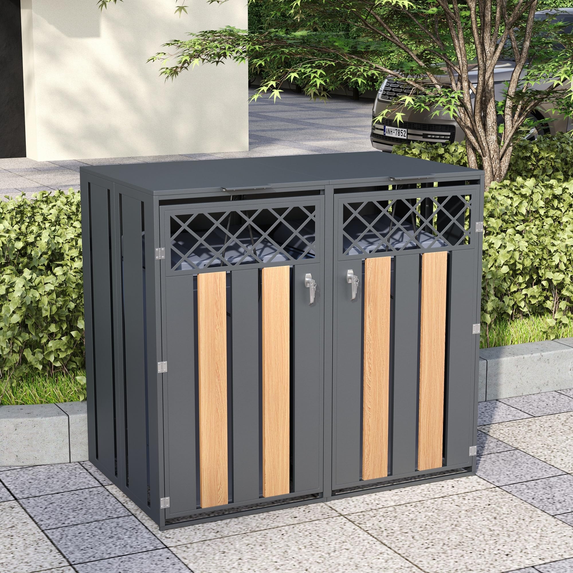 Merax Mülltonnenbox 2 Türen mit hydraulischem Klappdeckel & doppelter Frontöffnung, abschließbare Mülltonnenverkleidung für 2 Tonnen, Doppeltür-Design, verzinkter Stahl, rostfrei & wetterfest, Grau