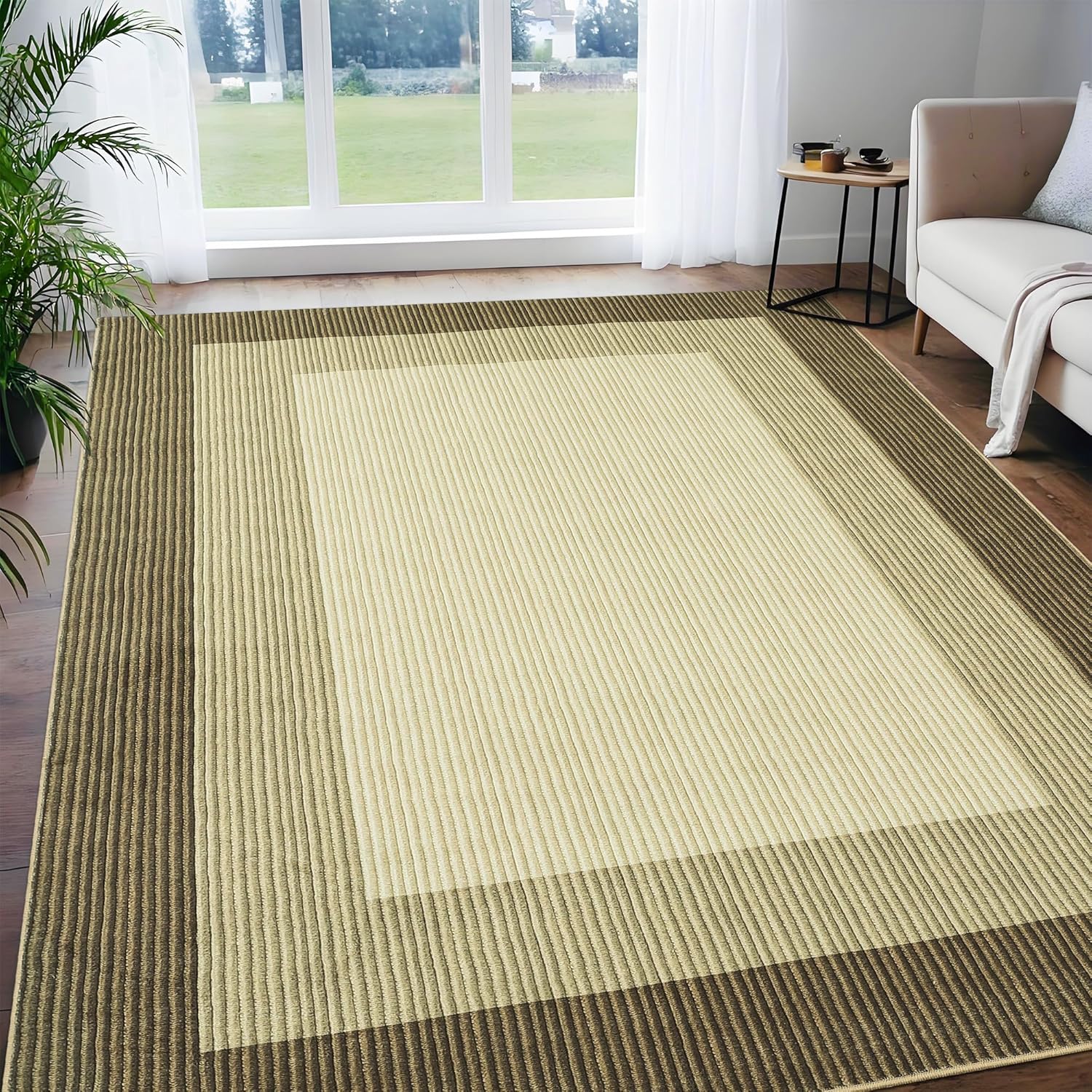 GlowSol Washable Rugs 5x7 Rug for Living Room Modern Bordered Rugs Non-Slip Soft Geometric Textured Rug Bedroom Rugs Low Pile Easy Cleaning Neutral Area Rug for Playroom Dining Room Entryway Brown