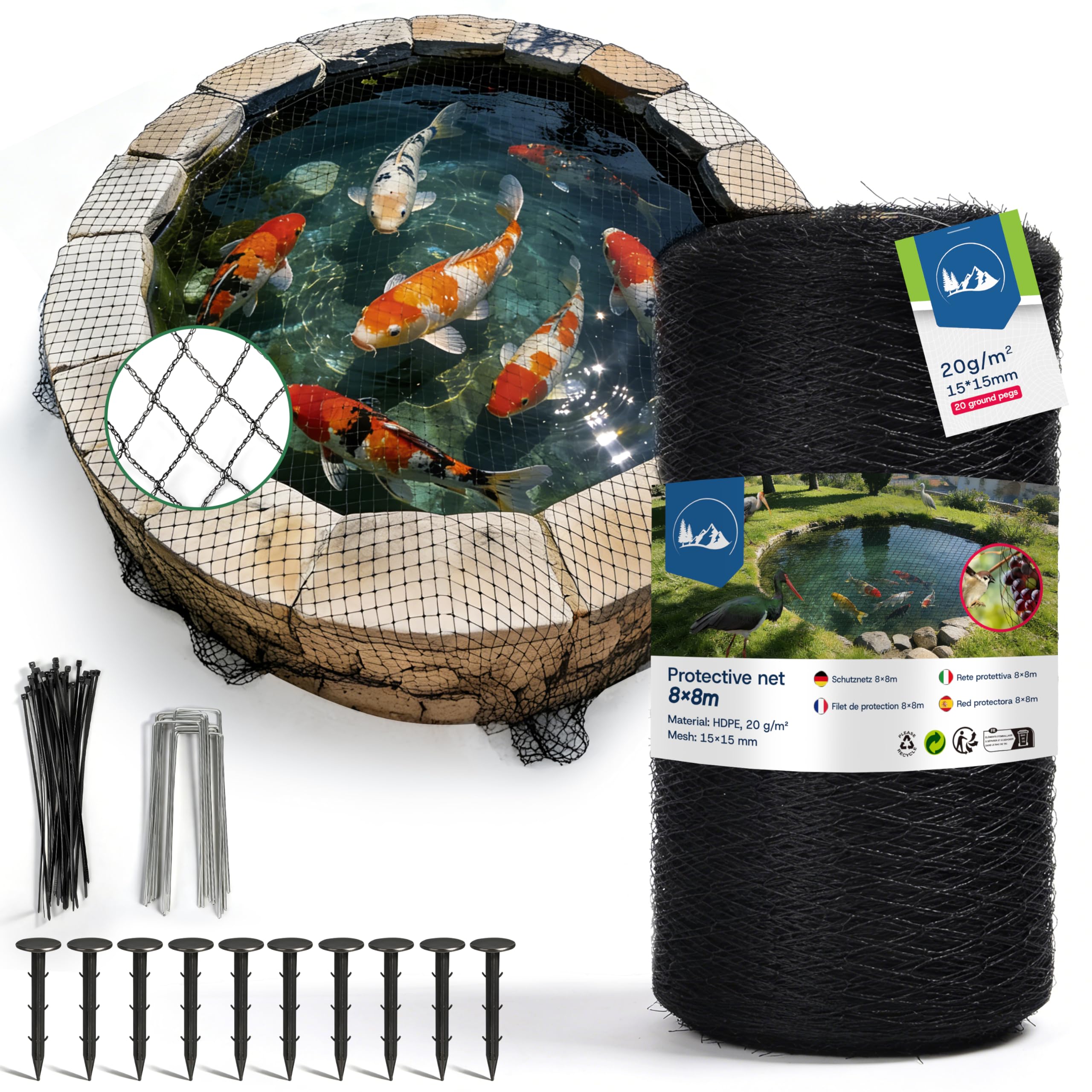 Filet Anti-Oiseaux pour Bassin 8×8m, à Mailles Fines (15×15mm), Anti-Feuilles, 20g/m², Tressé à 3 Brins, avec 20 Piquets de Fixation et 30 Serre-Câbles, pour Jardin et Potager (64m² - 8x8m)