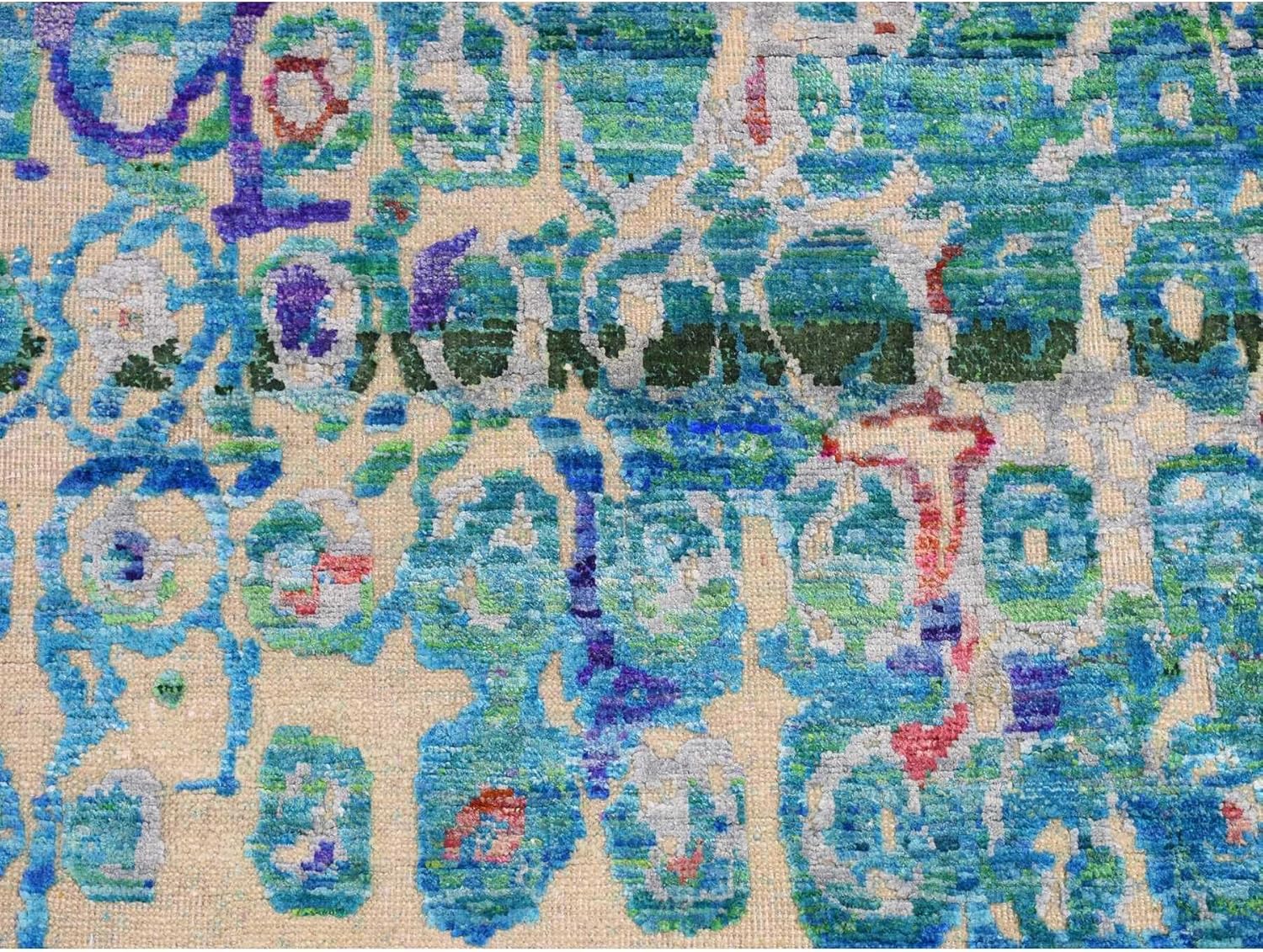 Admiral Blue The Peacock Sari Silk Colorful Hand Knotted Wide Runner Oriental Rug (3'x8'2")