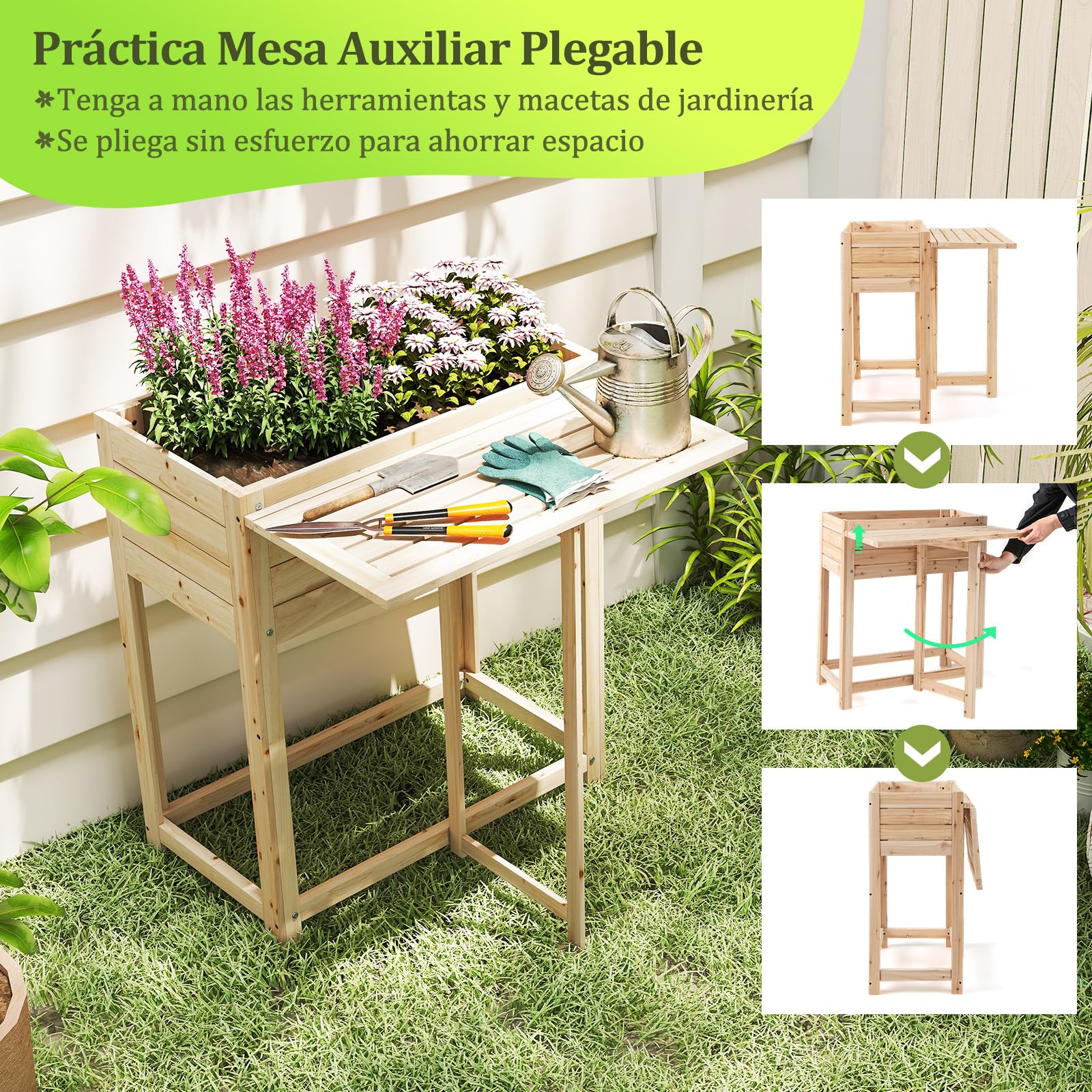 COSTWAY Cama de Jardín Elevada de Madera con Patas, Mesa Lateral Plegable, Drenaje, Caja de Plantación Elevada para Flores Hierbas Verduras Frutas, Jardinera Interior Exterior para Patio Trasero