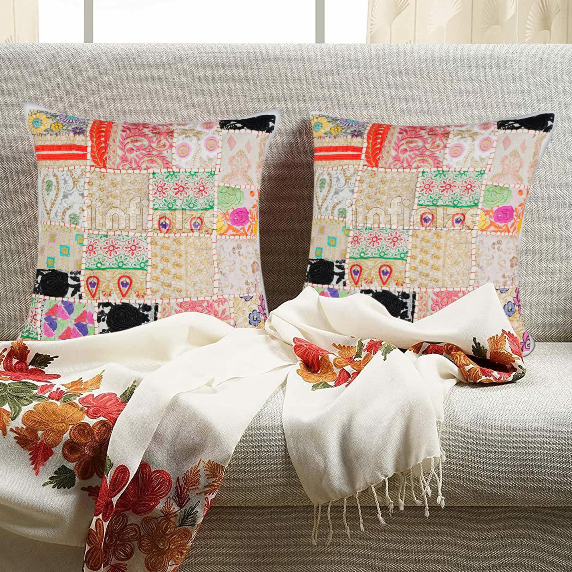 Rajasthani Khambadiya Cushion Cover Square Pillow Handmade Cushion Case Patchwork Pillow Sham 18 Inch Cushion Case Living Room Decor Pillow Set of 2 (White)