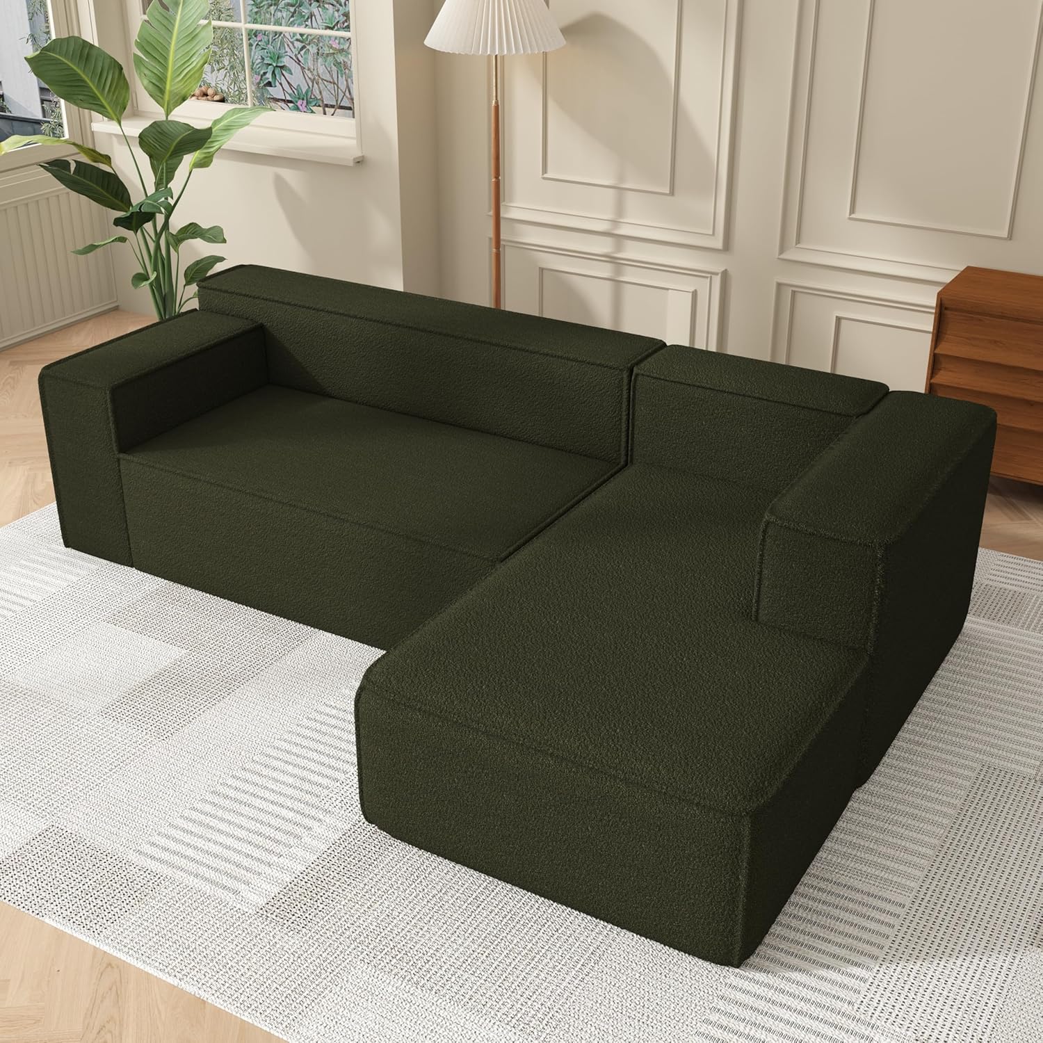 (Incomplete, only 1 box) Swbvs Modular Sectional Sleeper Sofa,L-Shape Chaise,7-Seater Sofa,Upholstered Couches for Living Room Bedroom,No Assembly,Green