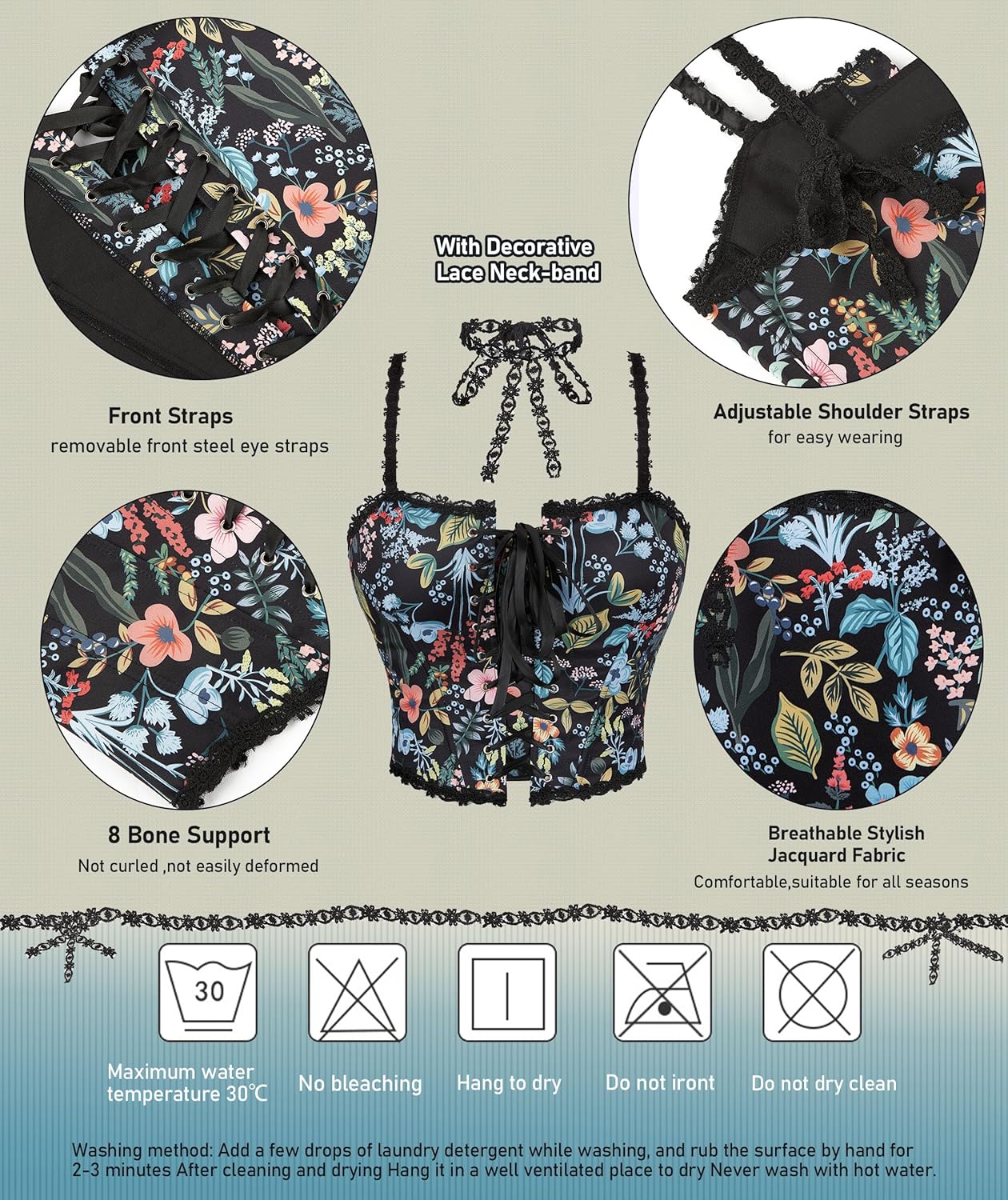 Vintage Black Floral Corset Tops for Women Going-Out Lace-Edge Push-Up Overbust Bustier Lace-up Boned Bodyshaper - Image 2