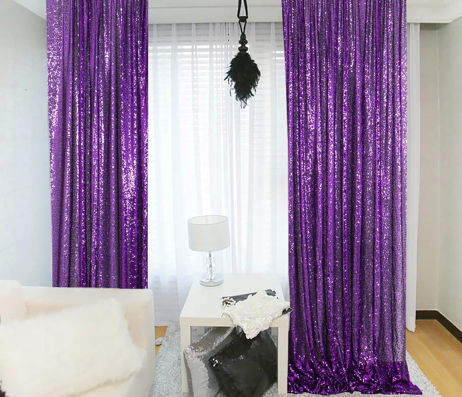 ShinyBeauty Sequin Curtains 2 Panels 2FTx8FT Purple Glitter Backdrop Purple Sequin