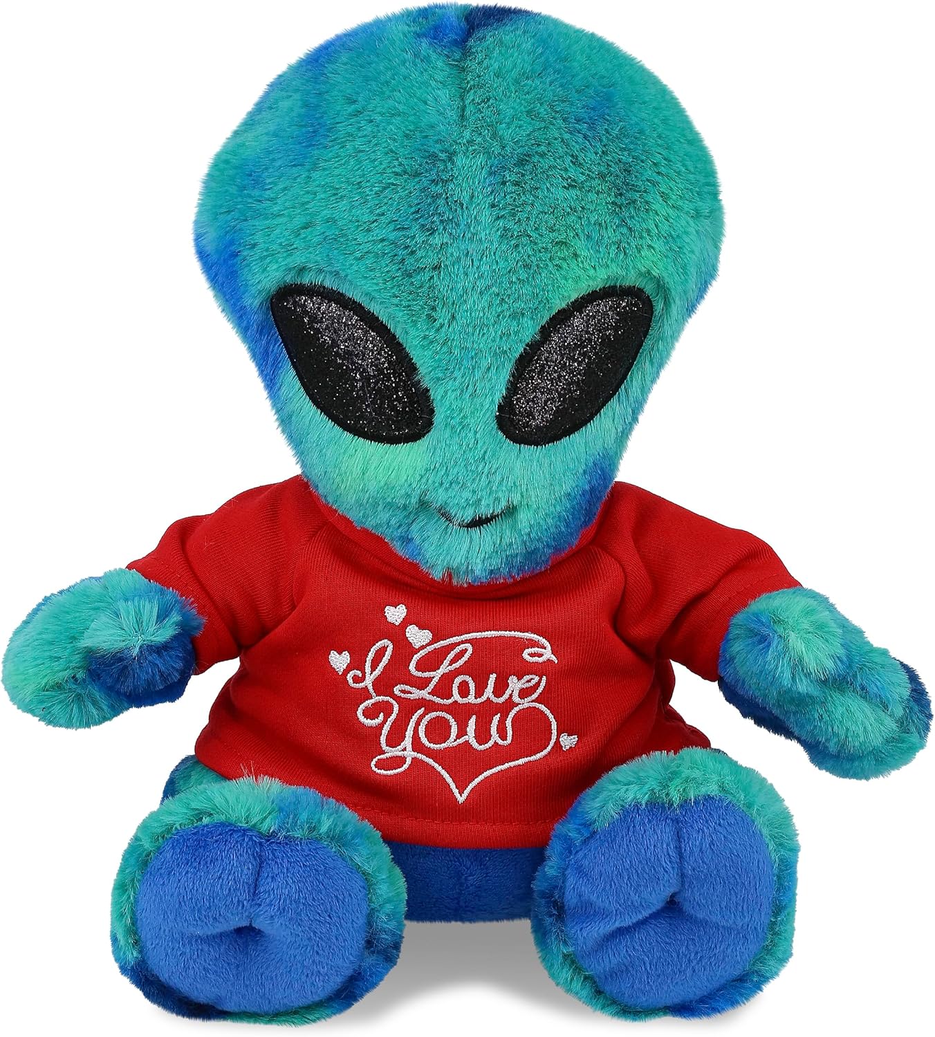 DolliBu I Love You Valentine Plush Blue Tie-Dye Alien - Cute Stuffed Doll with Red Shirt and Name Personalization Gift for Valentines Day, Birthday, Anniversary, Romantic Date - 9 Inches