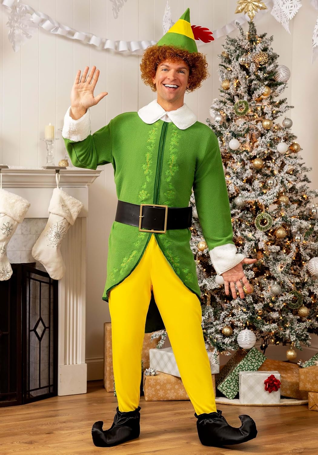 Buddy The Elf Costume for Men - 4 Pc Christmas Elf Costume with Hat & Belt - Adult Holiday Elf Cosplay Suit
