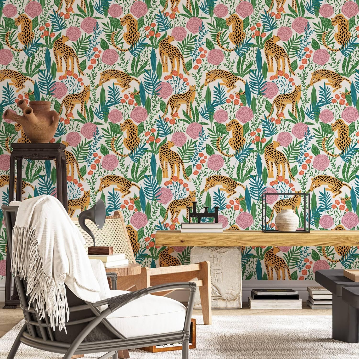 Floral Wallpaper Peel and Stick Leopard Jungle Animal Wallpaper Cheetah Removable Contact Paper Boho Leaf Self Adhsive Wall Paper for Bathroom Bedroom Cabinets 17.7"x118"