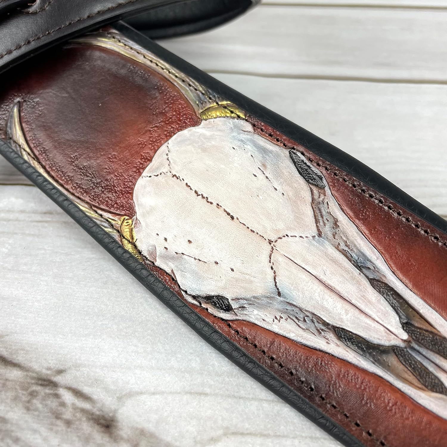 Walker And Williams KB-62 Handmade Carved Longhorn Skull Guitar Strap On Bourbon Brown Leather For Acoustic, Electric, And Bass Guitars