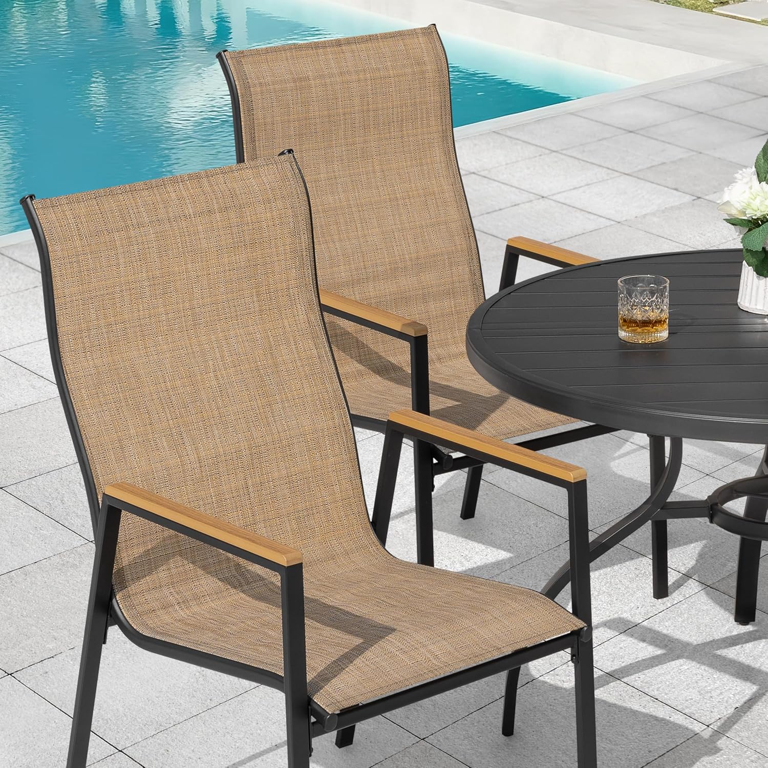 NUU GARDEN 5-Piece Patio Dining Set with Umbrella Hole, Stackable Textilene Chairs with High Back and Faux Wood Armrests, All-Weather Outdoor Dining Set Patio Furniture Set, Black and Khaki