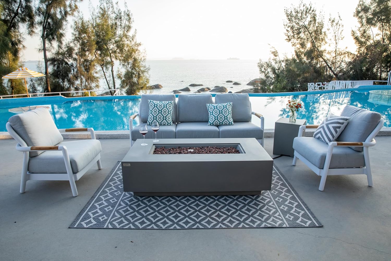 AMS Creations | Madison 60" Rectangular Propane Gas Outdoor Fire Pit Table | Light Gray Concrete GFRC | Smooth Texture or Surface | Electronic Ignition | Outside Backyard Fireplace