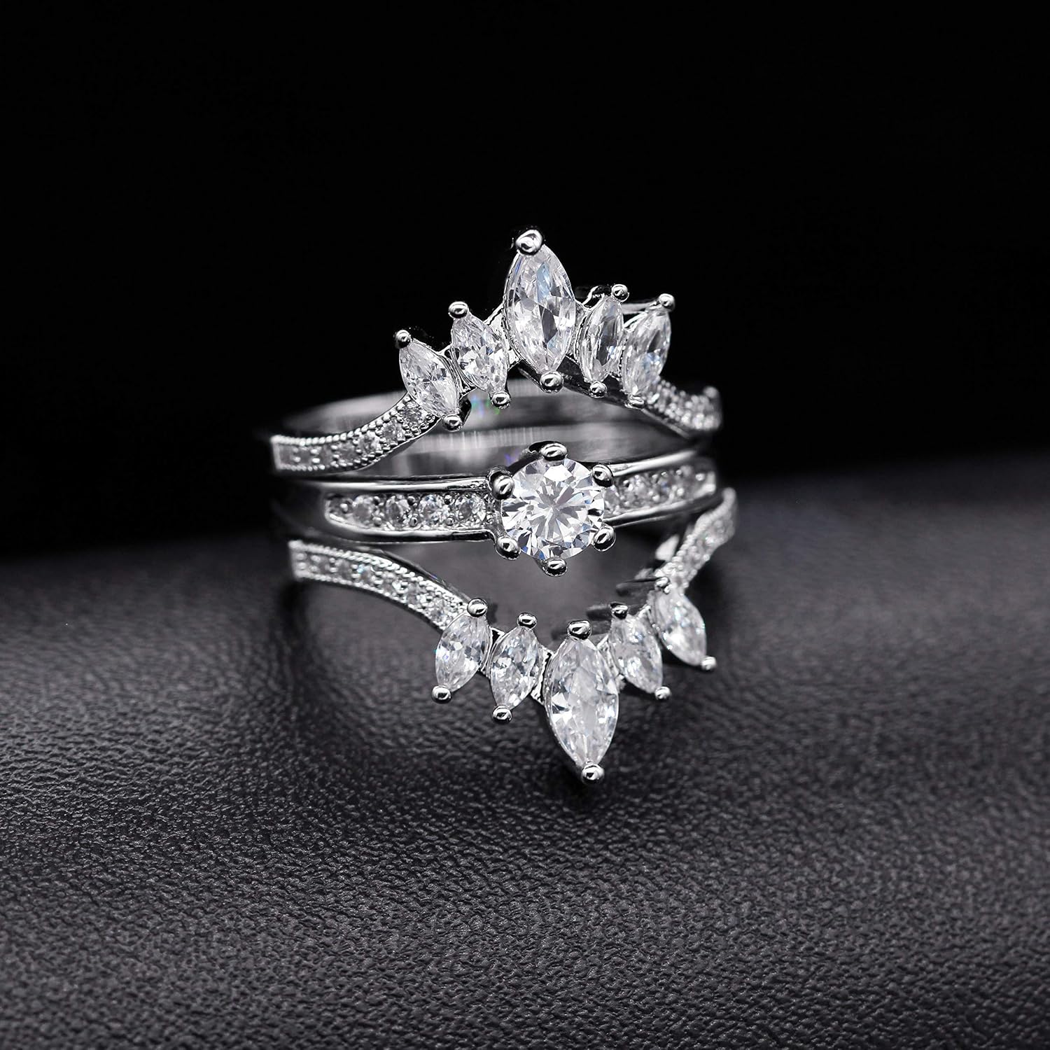 Uloveido Marquise Cut AAA White Cubic Zirconia Double Wedding Band Ring Guard Enhancer Engagement Jewelry for Women Y445