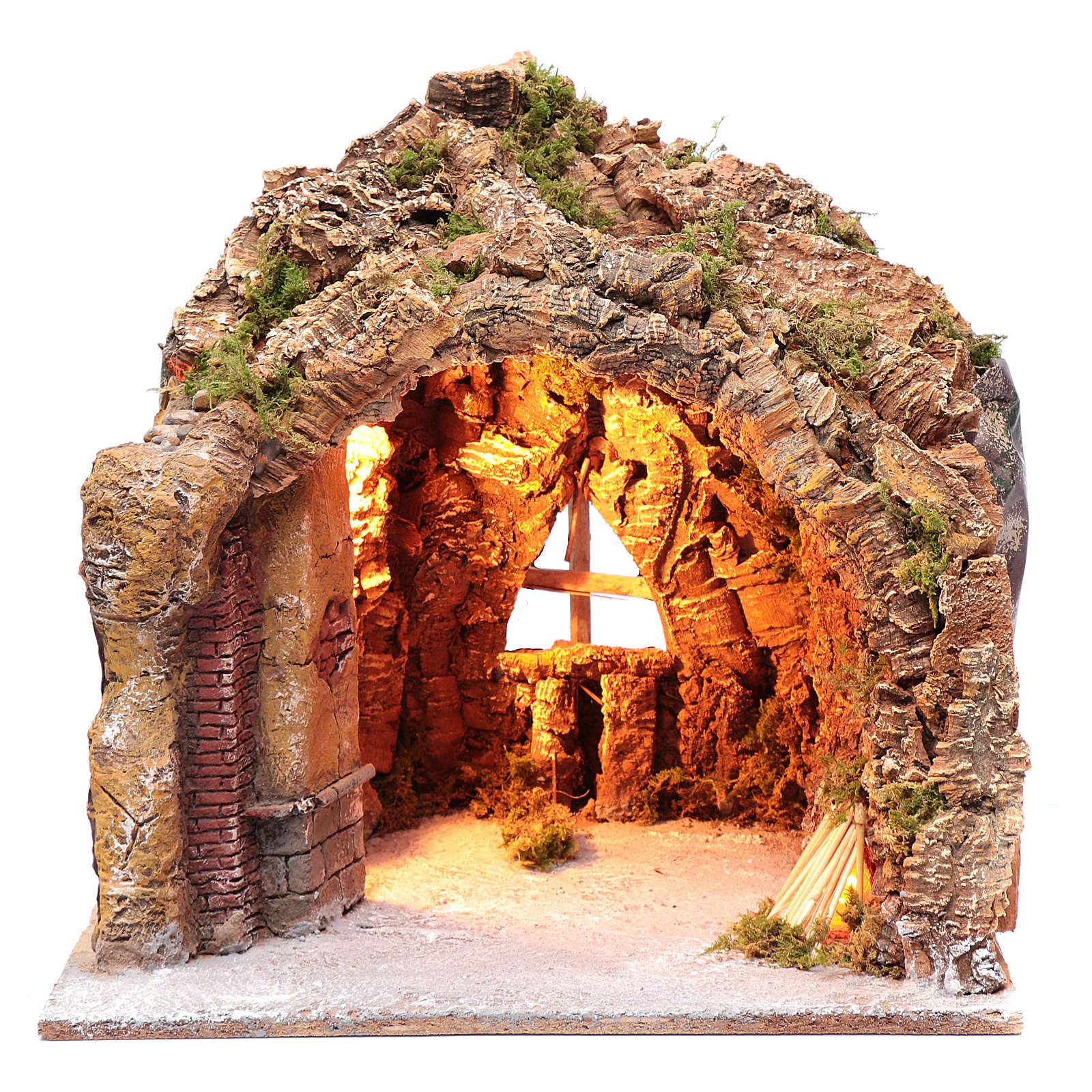 Holyart Crèche Napolitaine: Grotte crèche Naples illuminée et Effet feu 35x40x22 cm
