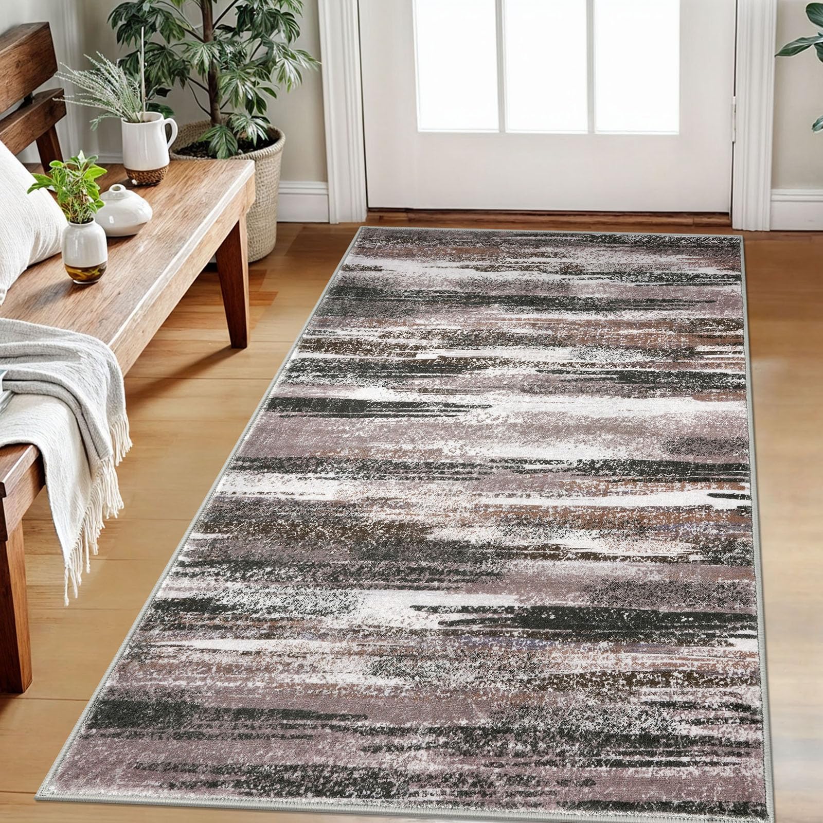 Lansny Modern Abstract Small Area Rug Indoor, Dark Light Brown White 3x5 Washable Rug Non-Slip Soft Entryway Rug Kitchen Mats Thin Print Faux Wool