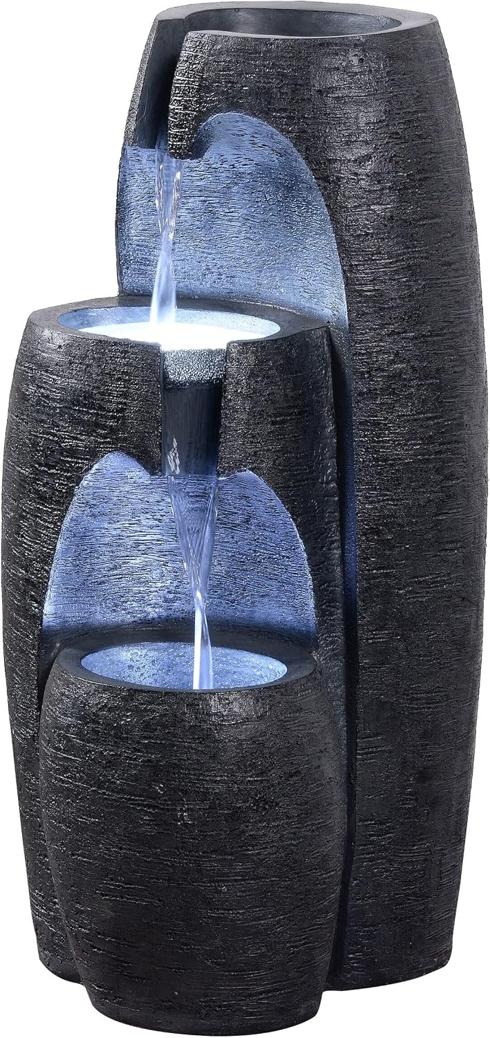 Teamson Home 3-Tier Cascading Urn Outdoor Water Fountain–Cool Glow Lighting with Adjustable Flow & Electric Pump, Black