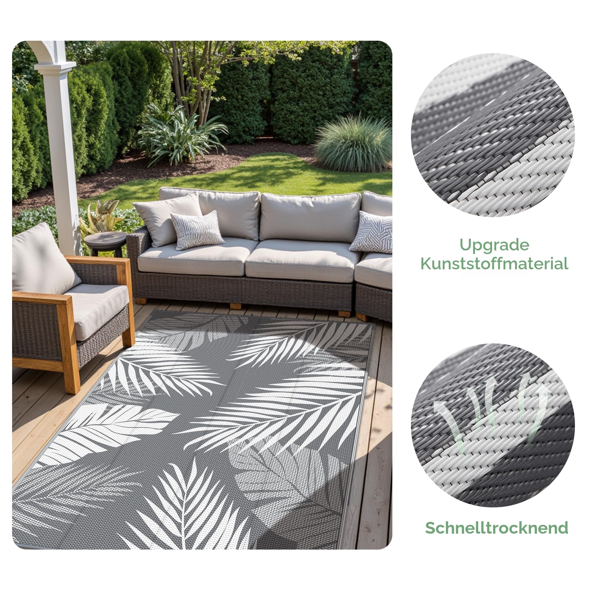 GENIMO Outdoor Teppich Wetterfest 150x240cm, Balkon Teppich mit botanischem Blattmuster, Waschbarer, Polypropylen-Teppich für Camping, Garten, Wohnmobil, Terrasse & Hinterhof – Grau & Weiß