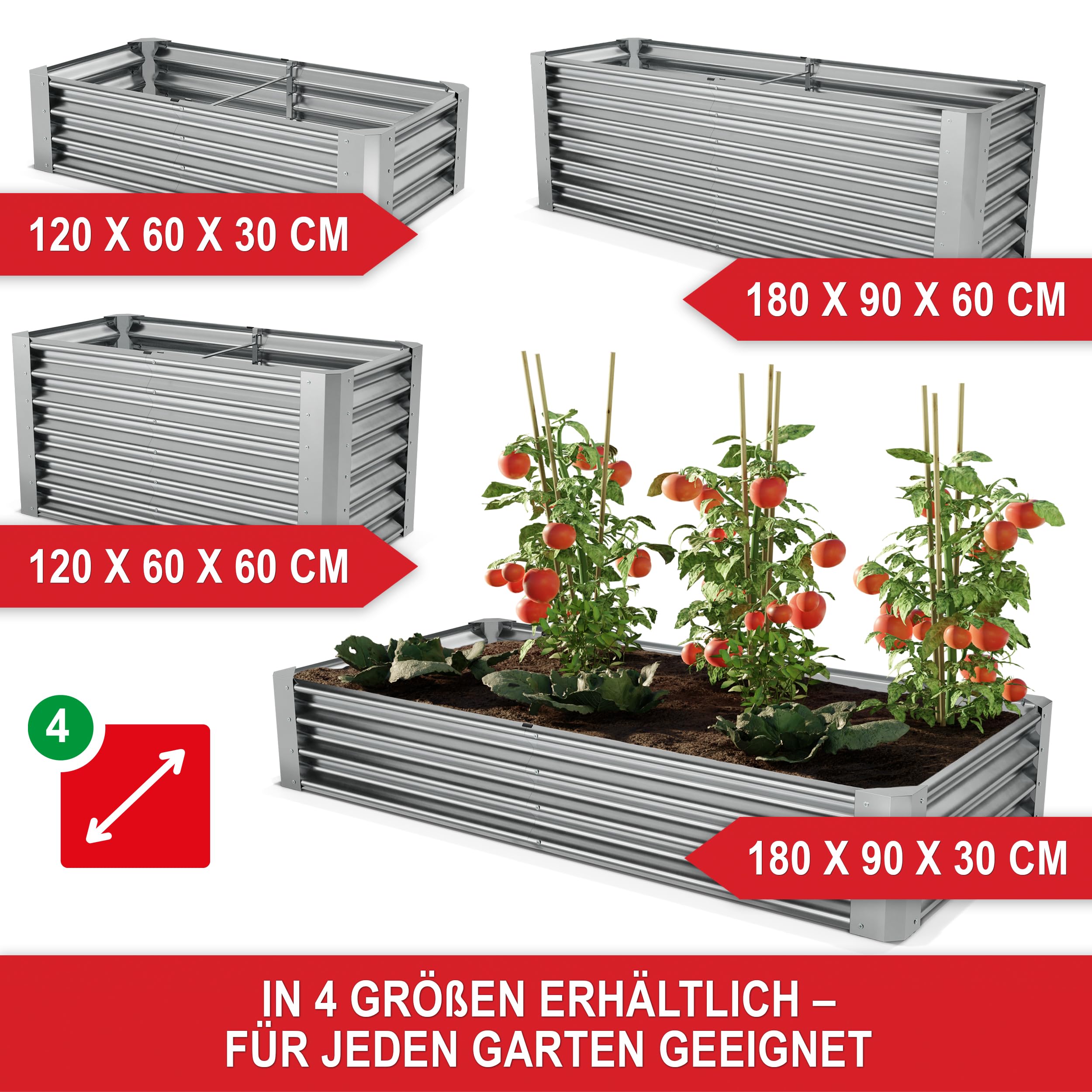 Onbest Metall Hochbeet XXL 180x90x30 cm – Gemüsebeet aus Stahl | Hochbeete-Kit für Kräuter, Gemüse und Pflanzen – pflegeleichtes Beet für Garten, Terrasse und Balkon, Farbe Silber