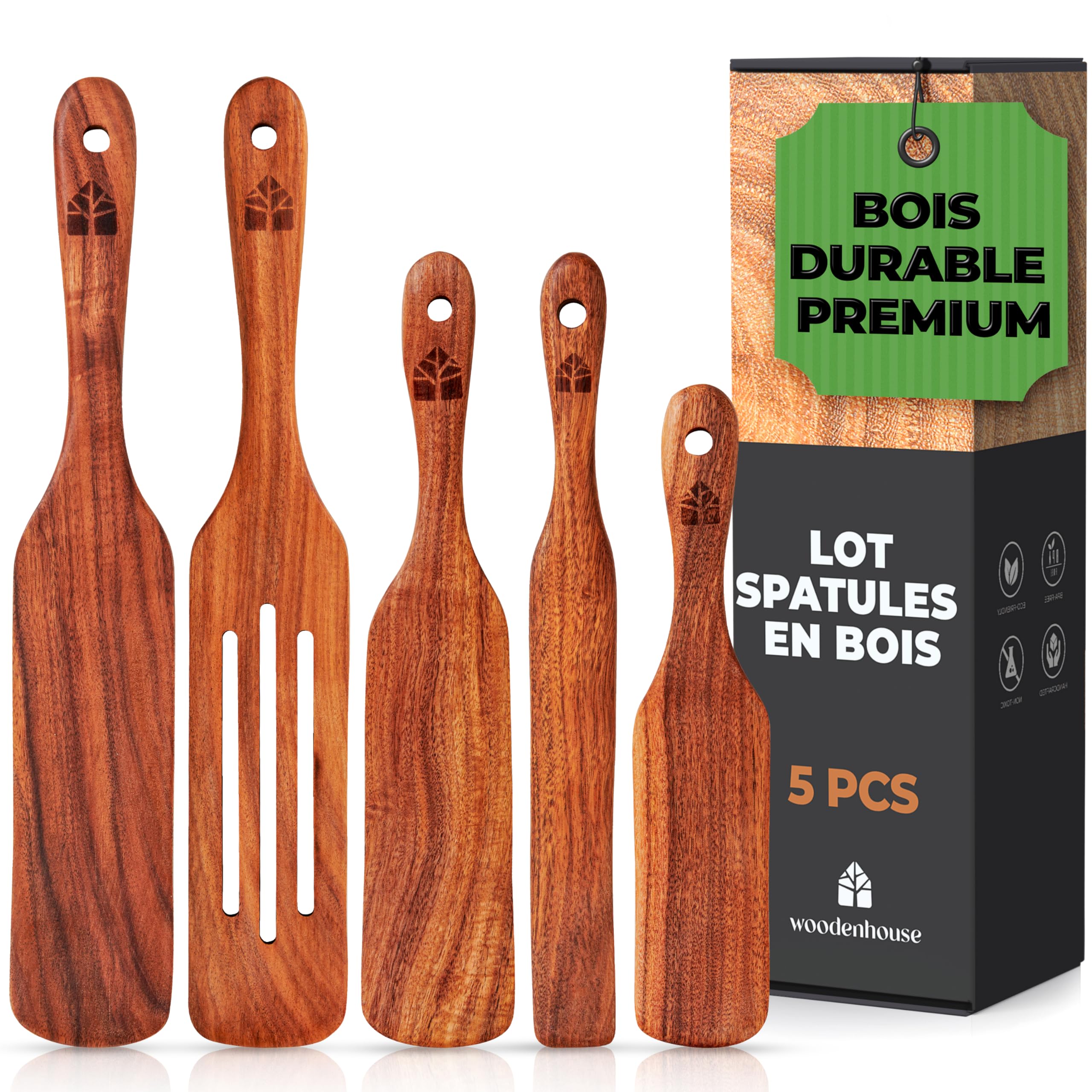Spurtle en Bois - Lot de 5 Ustensiles de Cuisine Bois Anti-Rayures - 5 Spatules Longues pour Mélanger, Retourner, Gratter et Servir Vos Plats - Spatule Bois Cuisine en Teck, Facile à Nettoyer