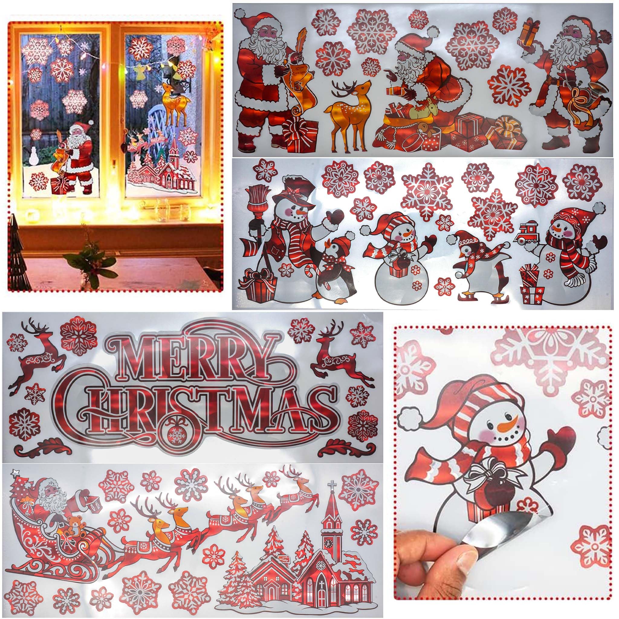 55Pcs Christmas Window Stickers - 4 Sheets Red Holographic Xmas Clings, Reusable Snowflake & Tree Decals for Home, Office, Holiday Party, Waterproof Christmas Décor