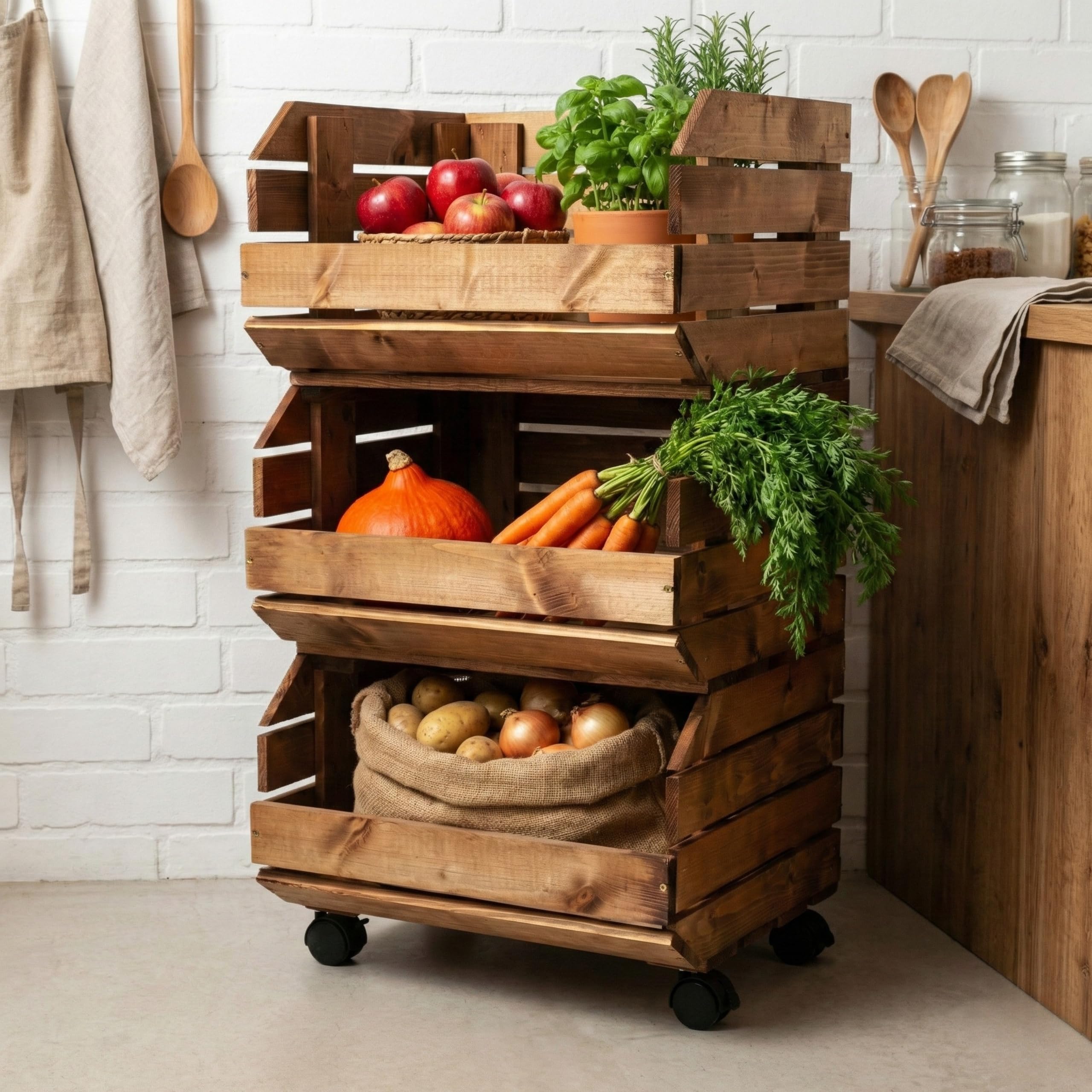 Scaffale Frutta e Verdura Portafrutta Con Ruote Carello 3 Livelli 37 x 30 x 73 cm Marrone