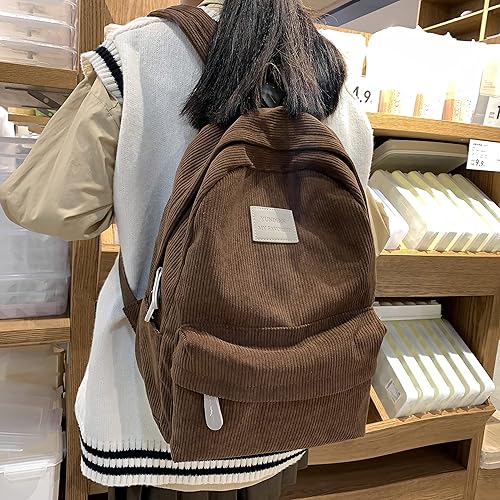 Miniatura 5 de JHTPSLR Light Academia Mochila Estética Mochila de pana Mochila Preppy Mochila sólida Mochila de pana para portátil Mochila de día, Marrón, Mochila