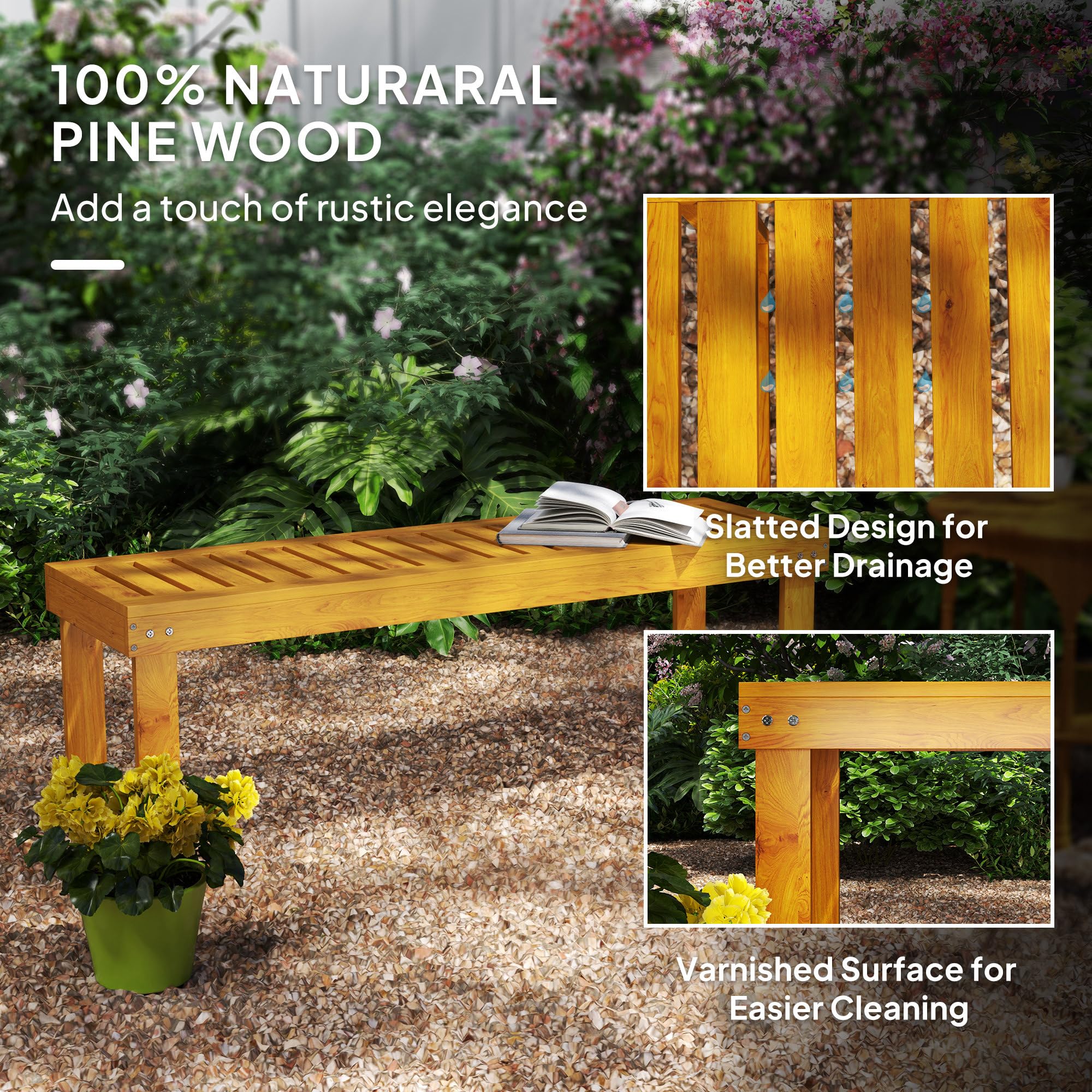 Outsunny Panca da giardino a 2 posti Panca in legno a doghe 300 kg Panca da giardino Terrazza 120x34x43 cm Teak