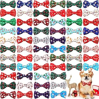 Sanwuta 60 Pieces Christmas Collar Dog Bow Ties Bulk Christmas Pet Bows Collar Attachment with Elastic Bands Holiday Dog Cat Collar Accessories