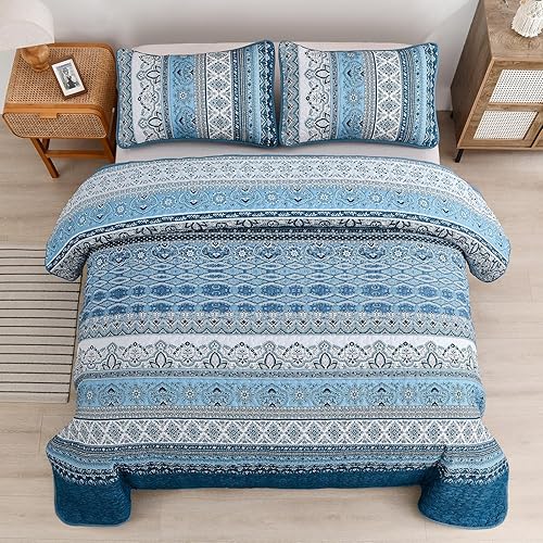 Vista 130 de WONGS BEDDING Juego de edredón bohemio tamaño Queen Aqua, juego de colcha de 3 piezas a rayas, de microfibra ligera y suave bohemia para todas