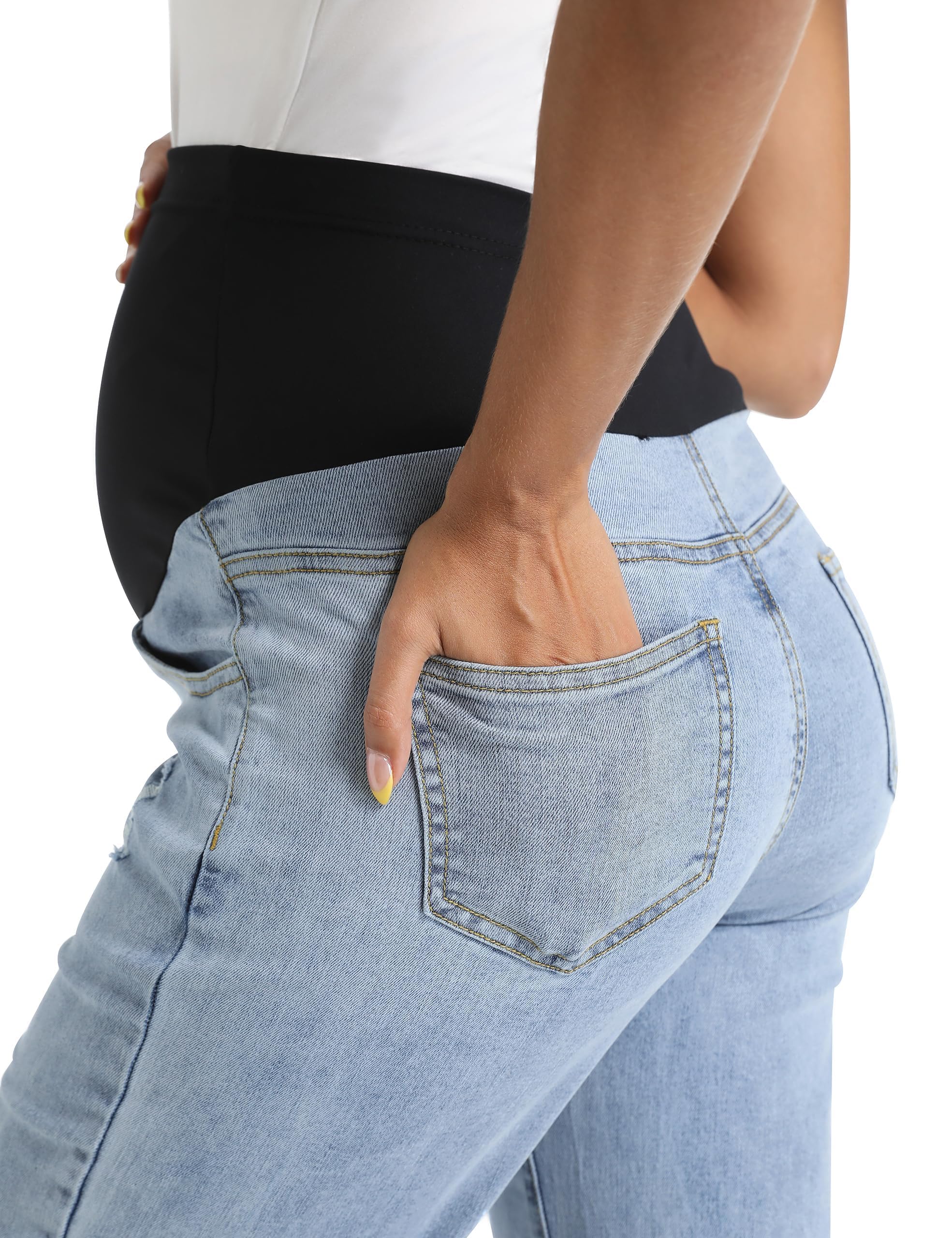 Gowjog Vaqueros de maternidad para mujer sobre el abdomen, pierna recta, dobladillo crudo, pantalones vaqueros de maternidad vaquero con bolsillos - 4