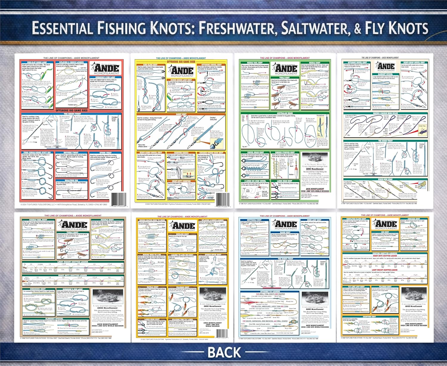 Fishing Knot Tying Chart Set #1-8 - Waterproof Quick Reference Guide to Essential Fishing Knots - (Freshwater, Saltwater, and Fly Knots) - Double-Sided & Easy to Read - Great Gift for Beginners