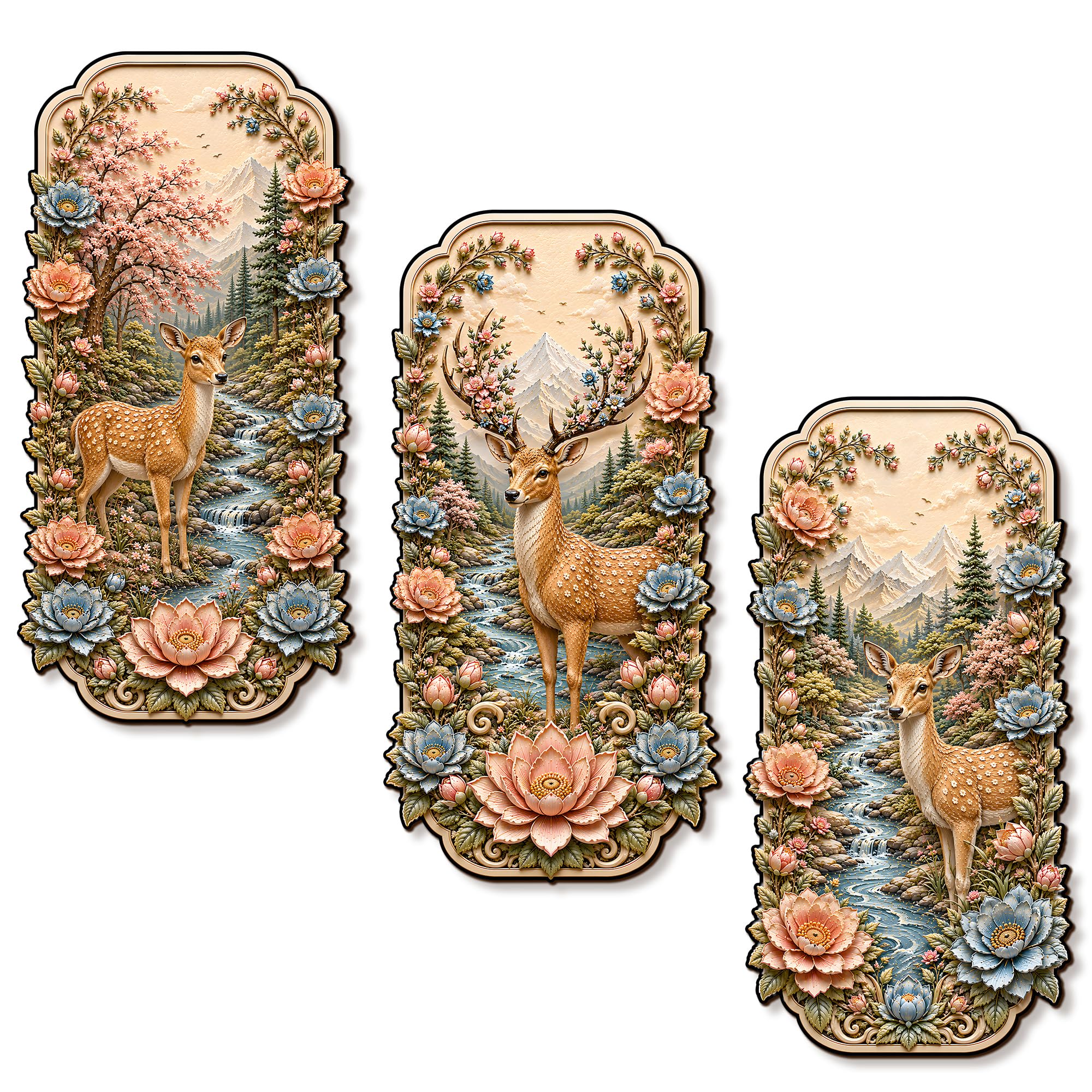 Regalo Casila Luxury Deer MDF Wall Decor 3 Pcs Set Nature Landscape Deer Wall Hanging Floral Forest Decorative Wall Art for Living Room Bedroom Hall Office Home Gift-image-42