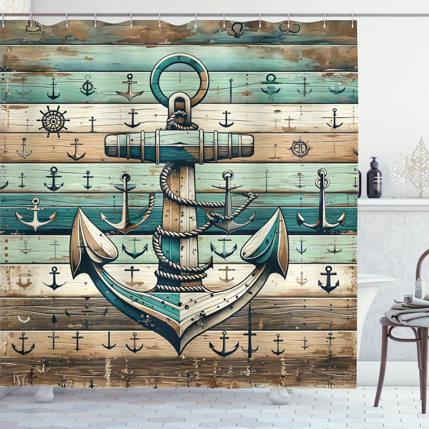 Ambesonne Nautical Shower Curtain, Sailing Rustic Style Anchor with Weathered Wooden Plank Look Print, Cloth Fabric Bathroom Decor Set with Hooks, 69" W x 84" L, Teal Seafoam Pale Brown
