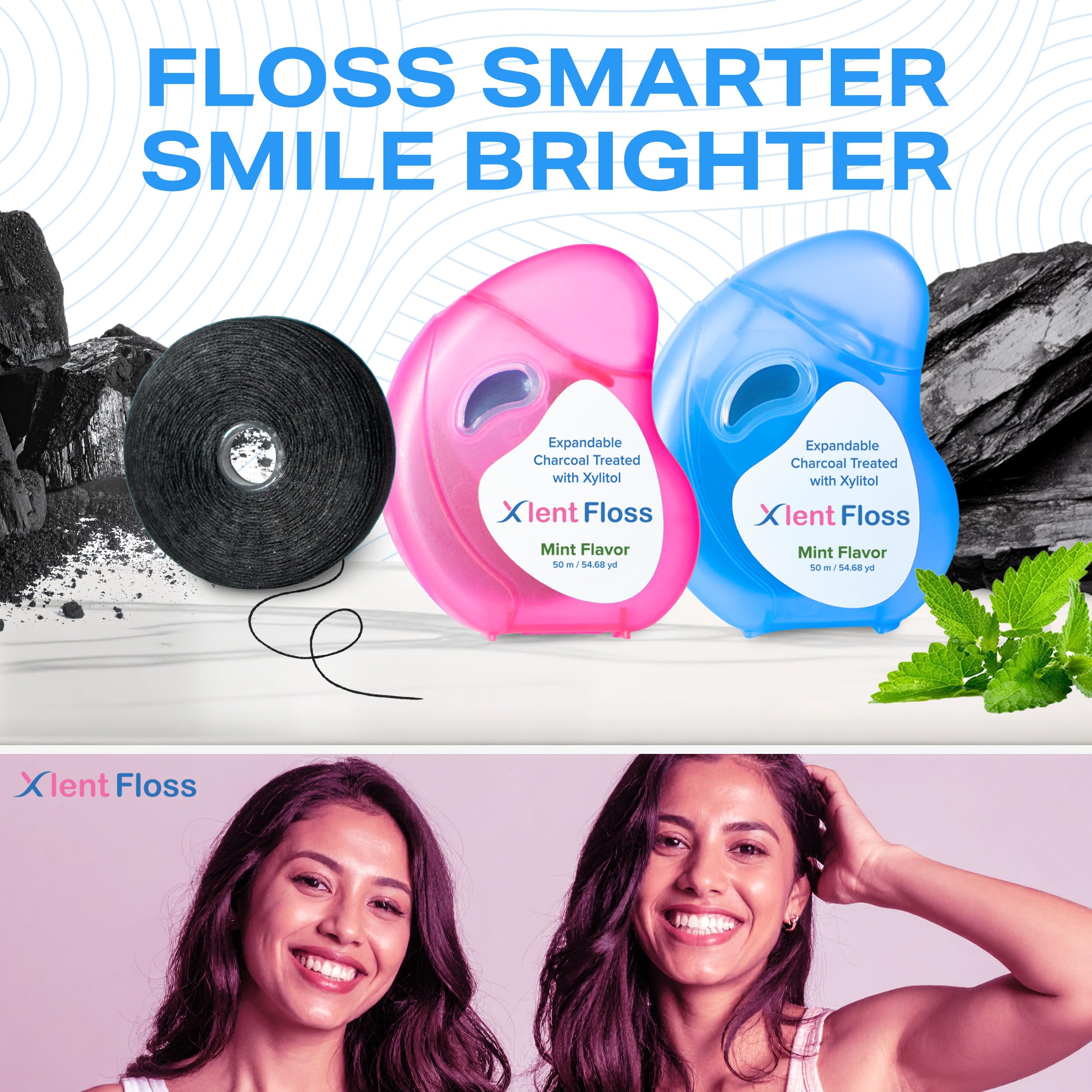 Hilo extensible tratado con carbón activado, xilitol y cera natural a base de plantas | sabor a menta fresca | 3 unidades (1 50 m hilo en contenedor azul más 2 50 m bobinas de recambio)