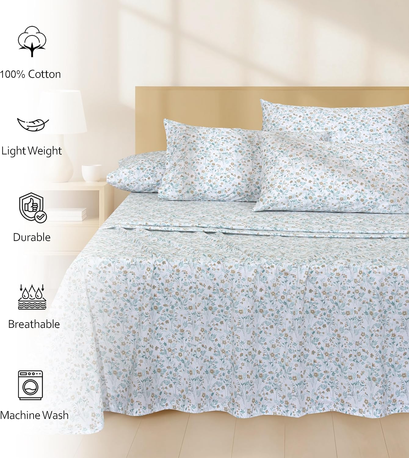 RUVANTI 6 Pcs Cotton Sheets - 100% Natural Cotton Soft, Lightweight & Breathable Crispy Percale Bed Sheets, Queen Sheet Set 16" Deep Pockets, Fleur & Field - Image 2