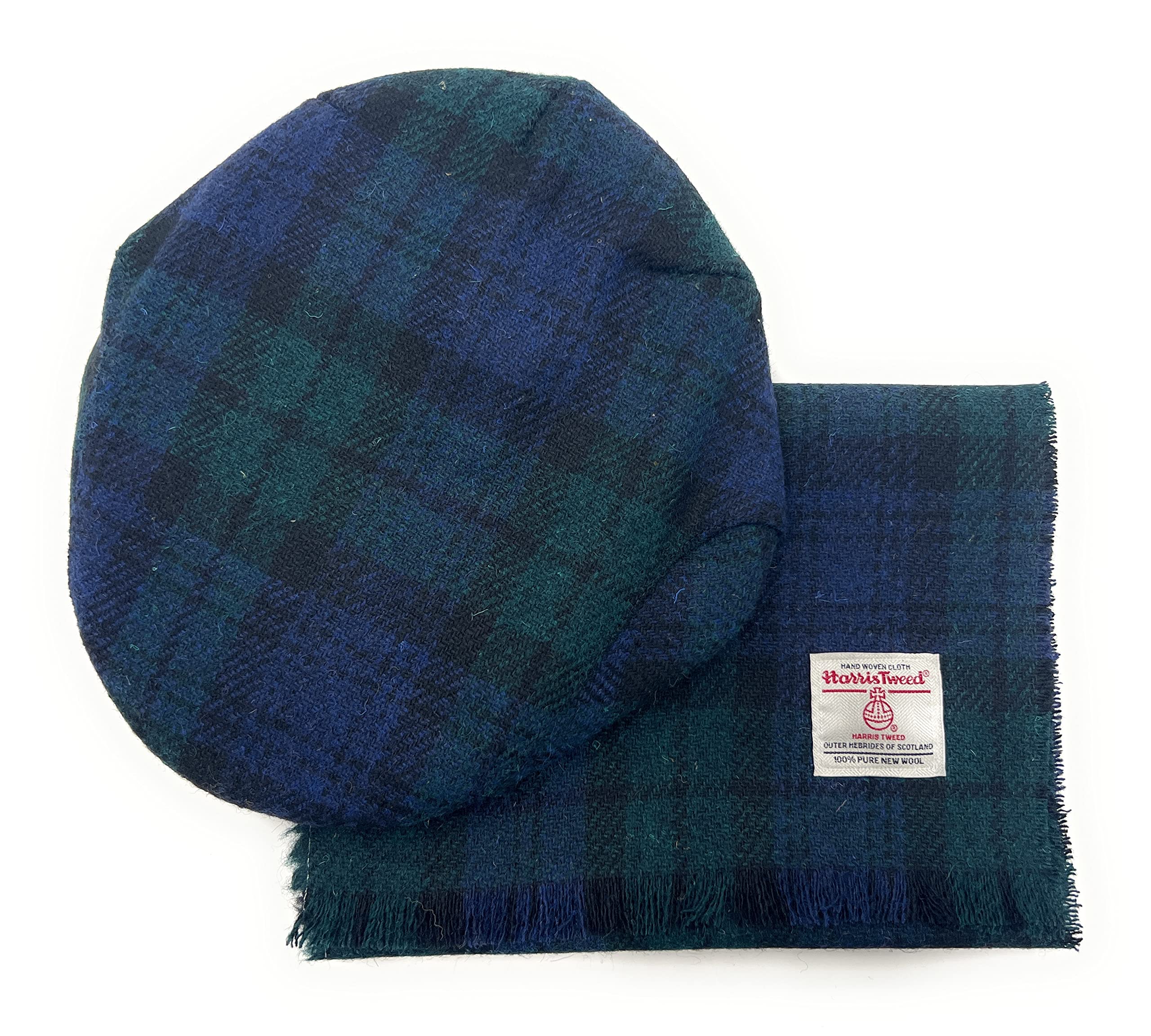 Harris Tweed Hat & Fringed Scarf Set Unisex Hand Made in Scotland (Black Watch Tartan)