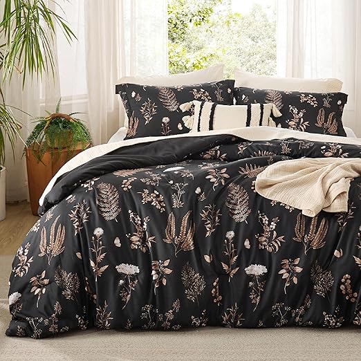 Bedsure Comforter Set Twin Size - Cute Floral Comforter, Black Bedding Comforter Sets, 1 Soft Reversible Botanical Flowers Comforter and 1 Pillow Sham