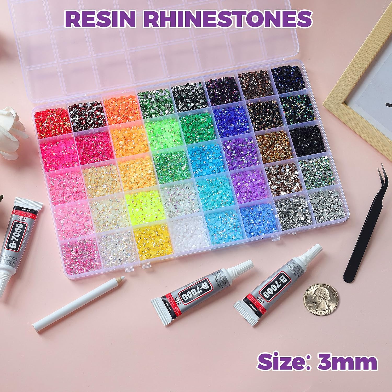 50000Pcs 40 Colors Jelly Rhinestones for Bedazzling, 3mm Resin Flatback Gems for Diamond Art, Bedazzler Kit with 3Pcs B7000 Jewelry Glue for Crafting Bedazzled Book Shoes Nail