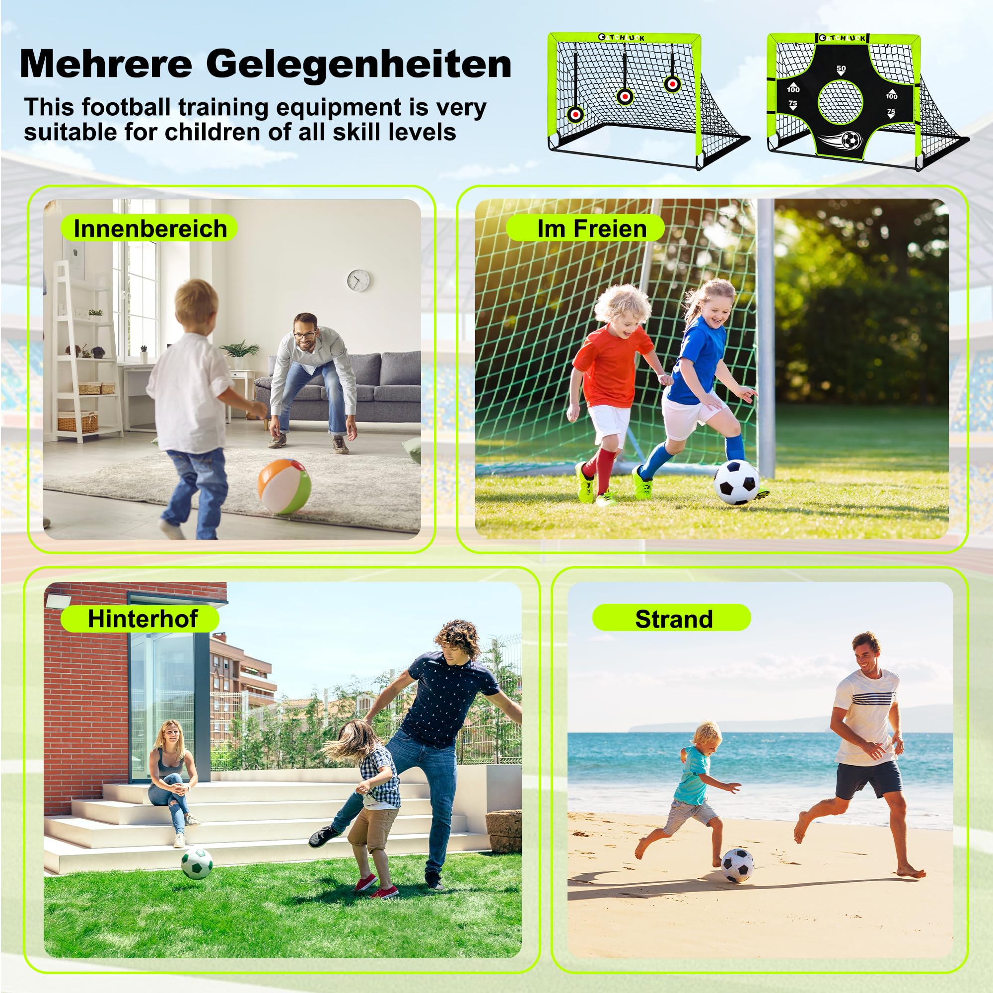 Fussballtore für Kinder Garten Pop Up Fussballtor Kinder Fußball Tore Outdoor mit Zielbereichen, DREI Ziele, Fußball, 6 Hindernisse und Tragetasche