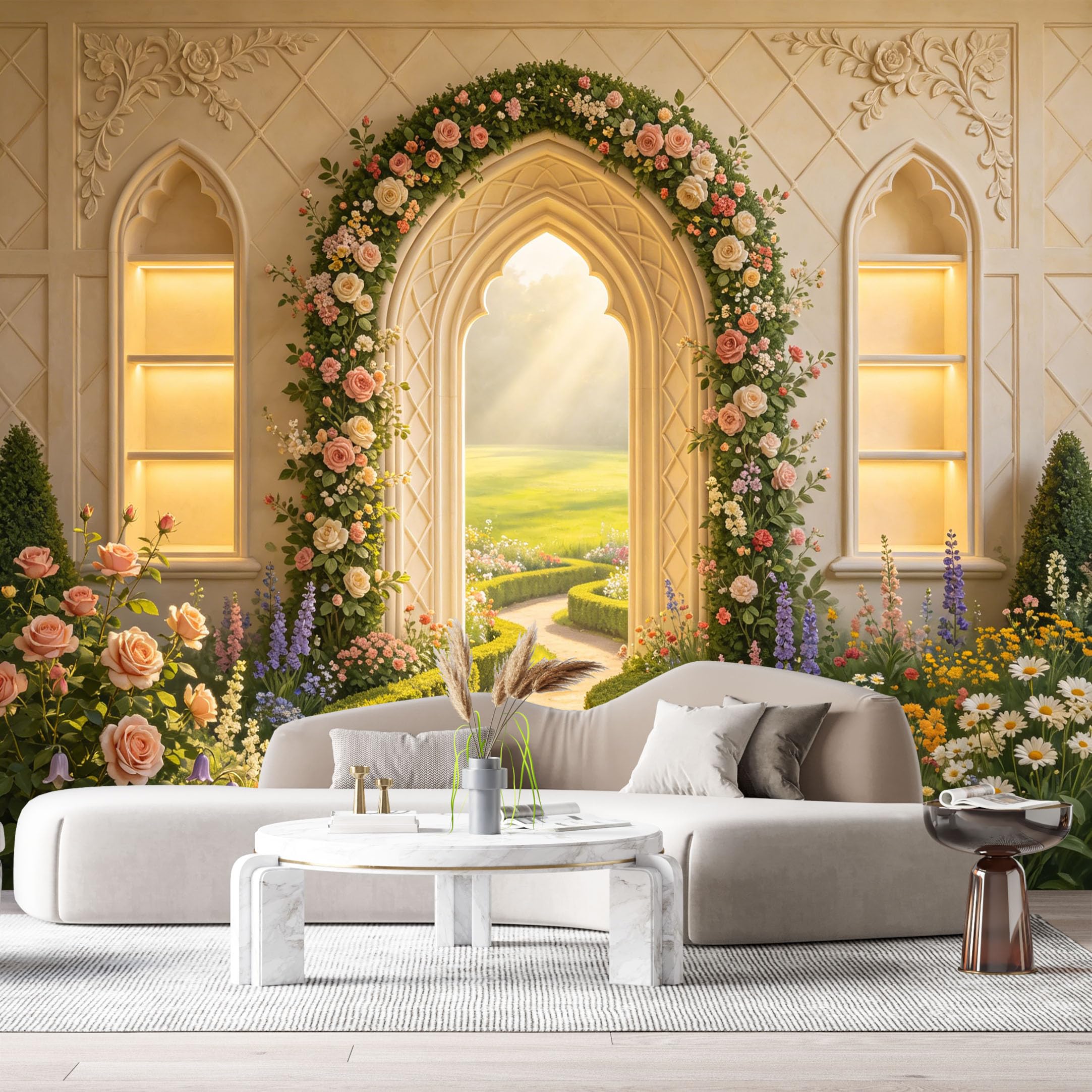 Custom Size Wall Murals Gothic Archway Garden Floral Portal 3D Trompe L'Oeil SelfAdhesiveWall Fabric Removable Wallpaper Wall Decor for Living Room Bedroom Bathroom