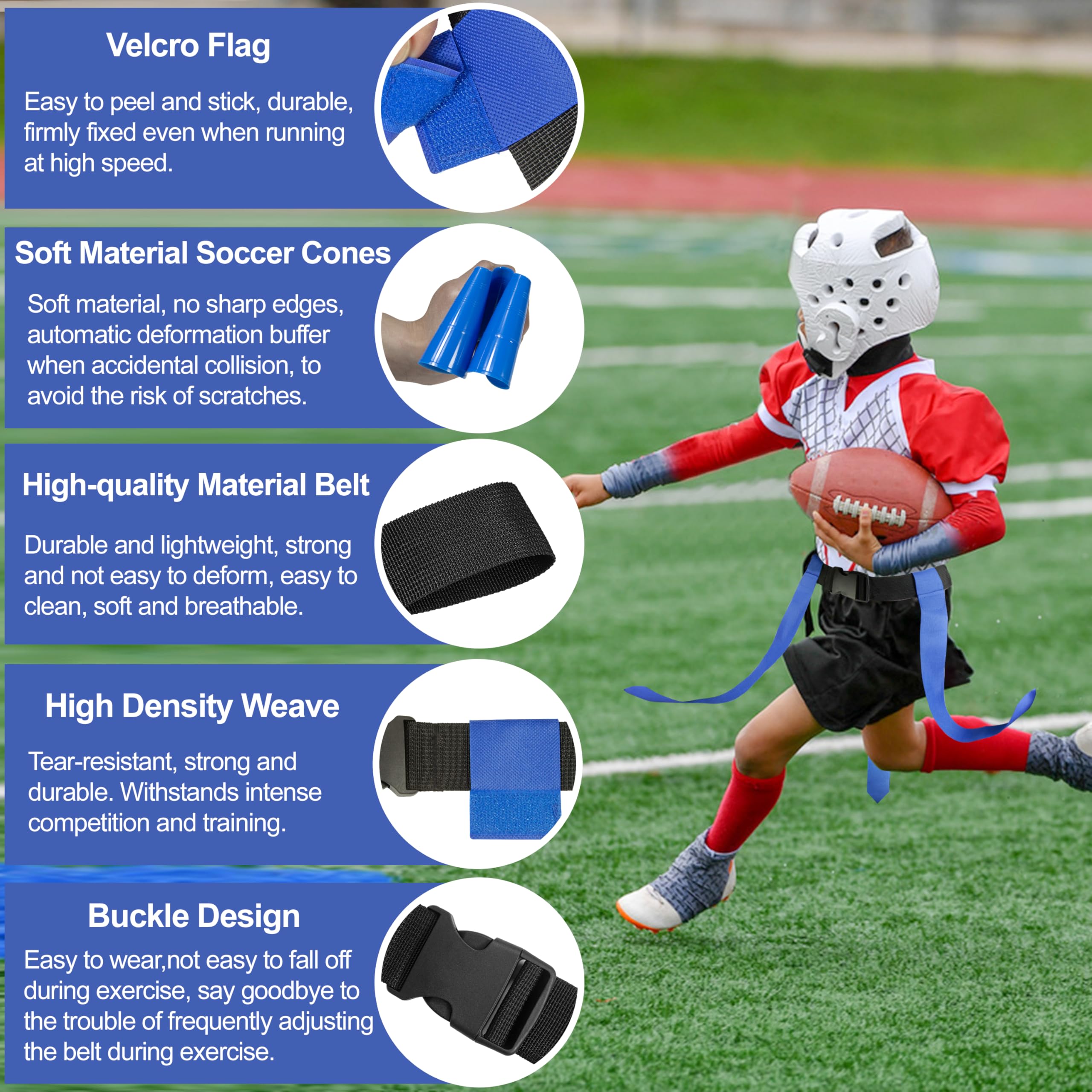 Cinturones de fútbol de bandera, juego de fútbol ajustable para 14 jugadores con 42 banderas, 8 conos de práctica y bolsa, para entrenamiento de niños, jóvenes y adultos