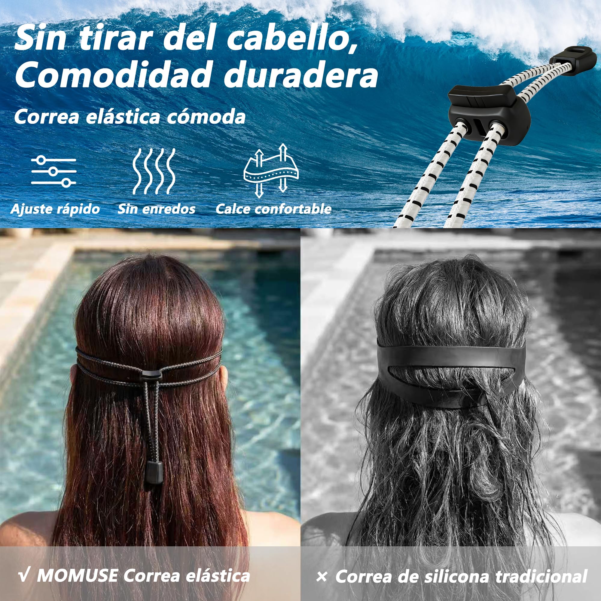 MOMUSE Gafas de Natación Adultos Cordón Elástico Cómodo, Protección UV, Sin Tirar Cabello Antiempañantes. Gafas Piscina Hombre Mujer, Campo Visión Amplio Piscina, Playa, Entrenamiento
