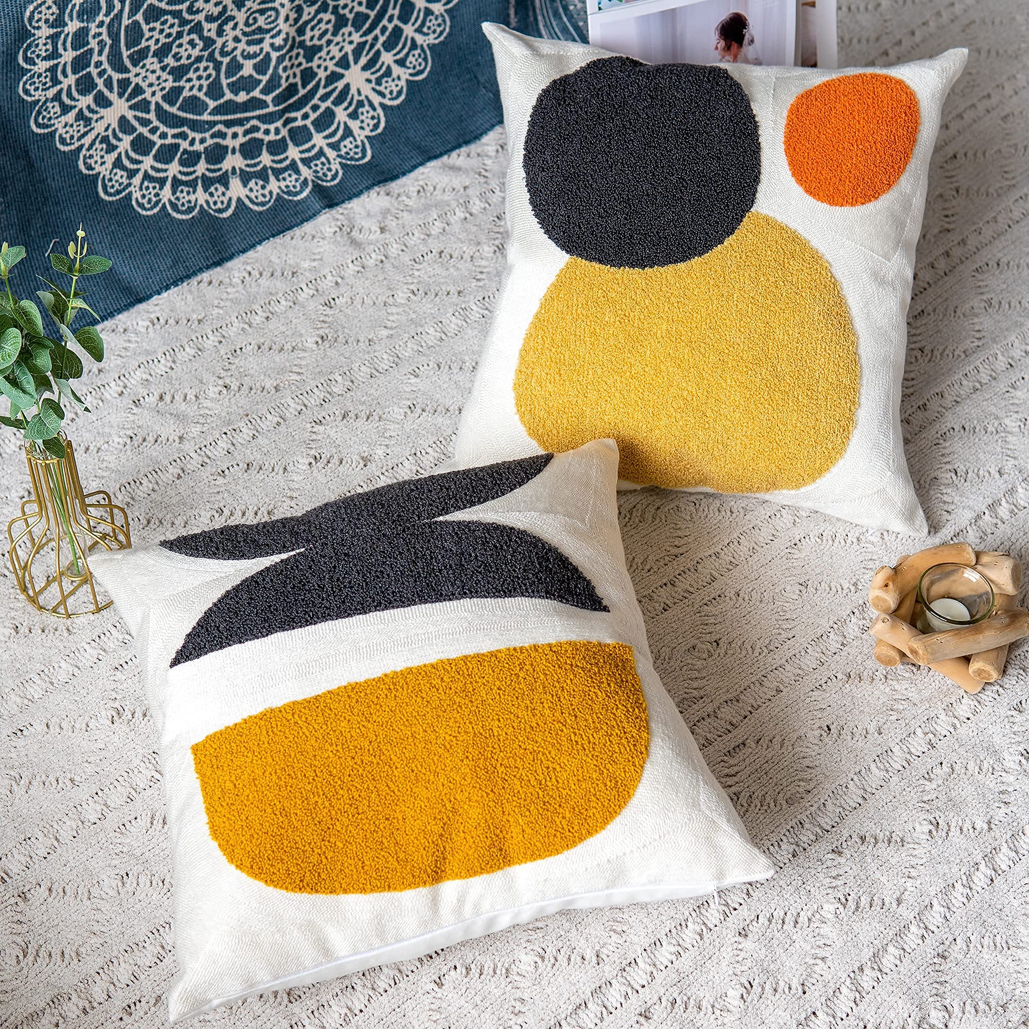 Funda de cojín Simple y Bohemia, Funda de Almohada Tejida de algodón para Cama, sofá, decoración del hogar, Funda de cojín Moderna de 18 x 18 Pulgadas, 1 Pieza (Mostaza Negra)