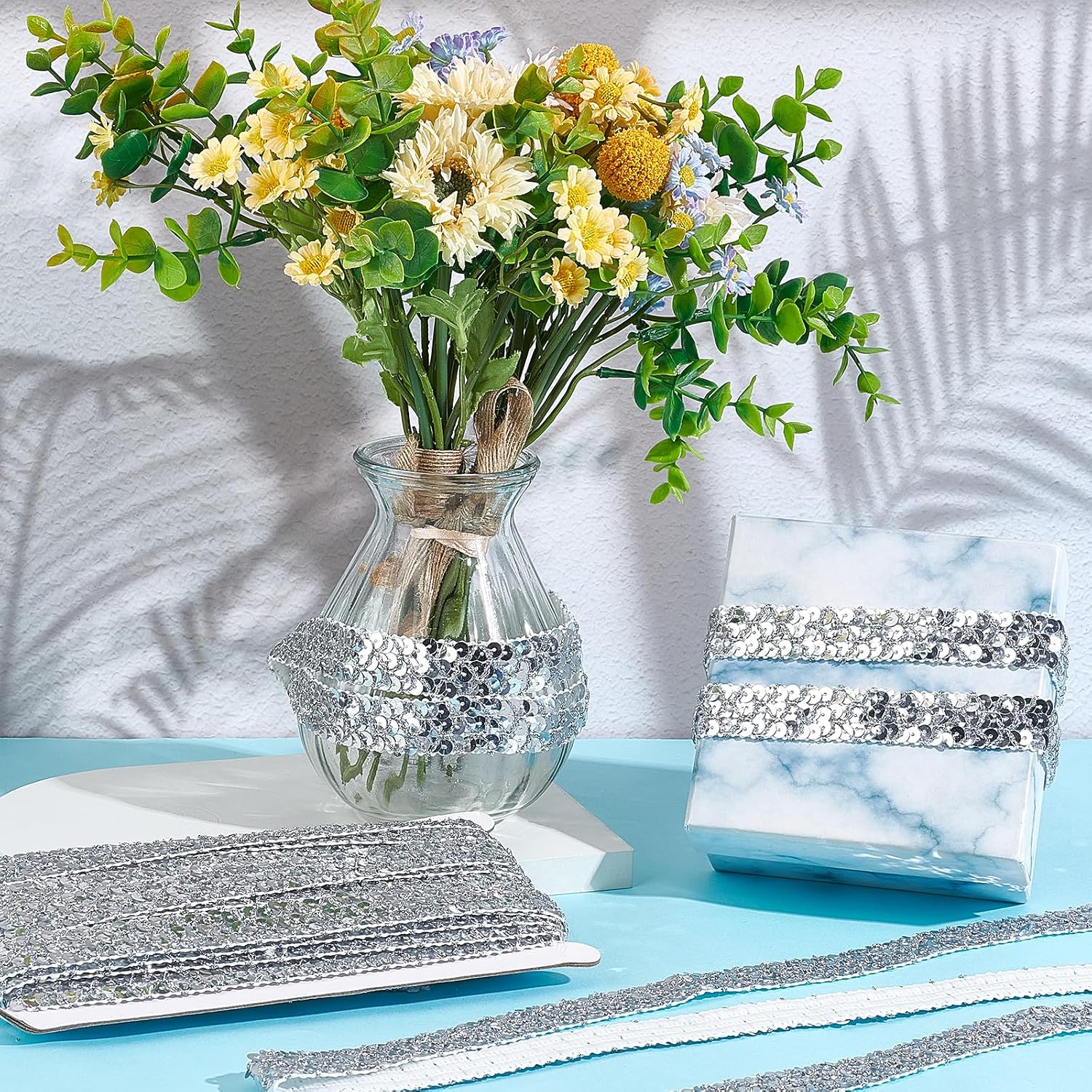 GORGECRAFT 14.2 Yards 0.8 Inch Sequin Trim Bling Fabric Paillette Ribbons Flat Glitter Silver Plastic Beaded Lace Metallic Gleaming Sewing for Dress Headband Crafts Embellish