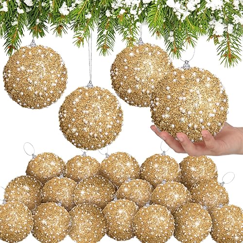 Vista 49 de Lyrow Juego de 24 adornos de bolas de Navidad con purpurina de 4 pulgadas, bolas de Navidad a granel, adornos colgantes de espuma de lentejuelas
