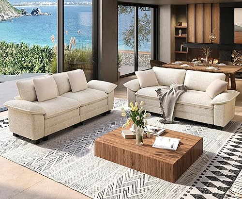 Miniatura 22 de Juego de sofá y sofá cama, asiento modular de chenilla extragrande y sofá de 3 plazas con almohadas, juego de muebles de sofá seccional moderno de