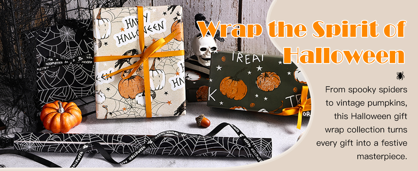 LeZakaa Papel De Regalo De Halloween - Rollo Mini - Diseño Espeluznante Con Calabazas, Cuervos, Telarañas Para Envolver Regalos, Manualidades DIY - 17 X 120 Pulgadas - 3 Rollos (42.5 Pies Cuadrados En