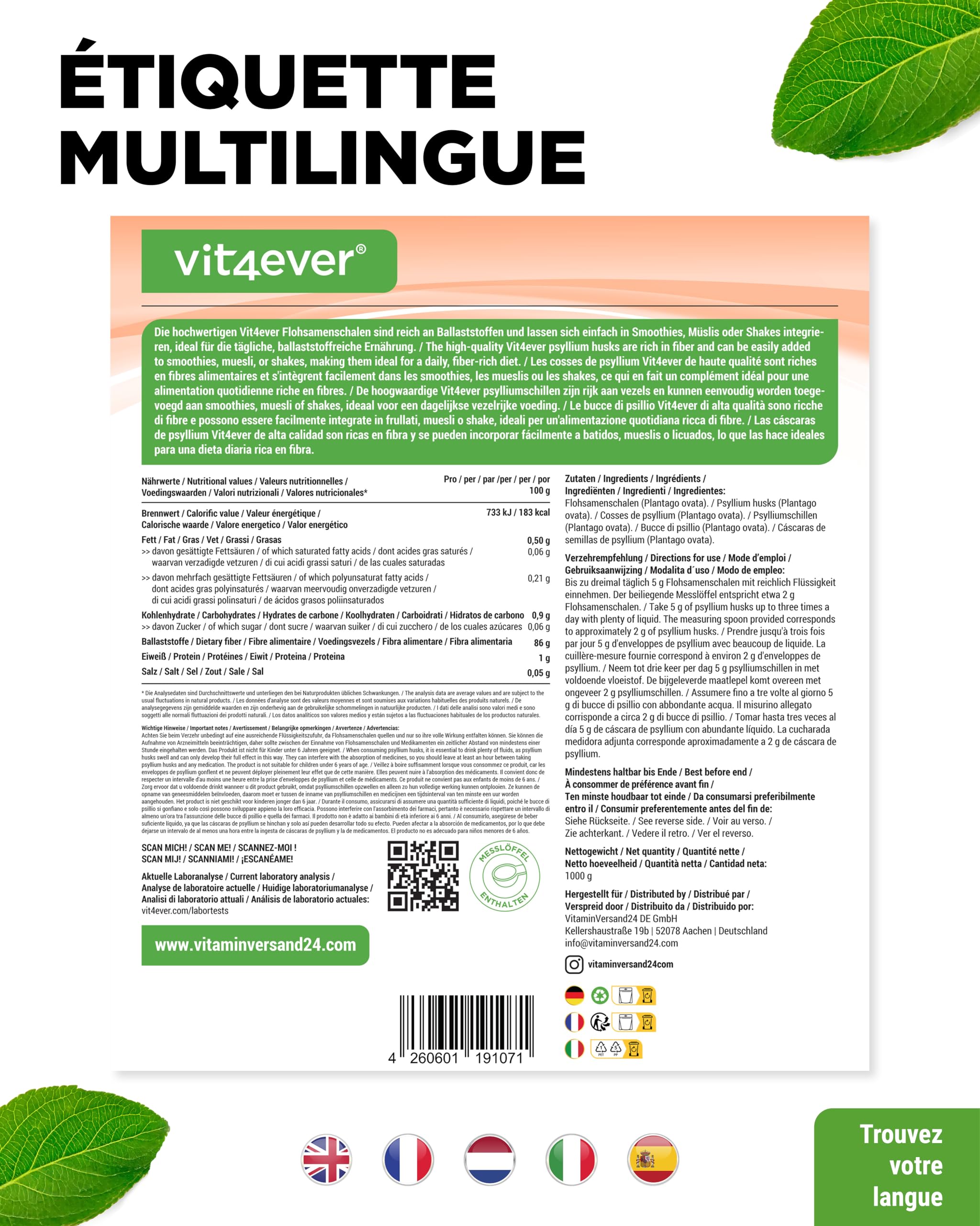Psyllium Husks 1 kg - 1000 g - Résidus Contrôlés - Pureté 99% - Origine : Inde - Faible Teneur en Glucides - Haute Teneur en Fibres - sans Additifs - Vegan